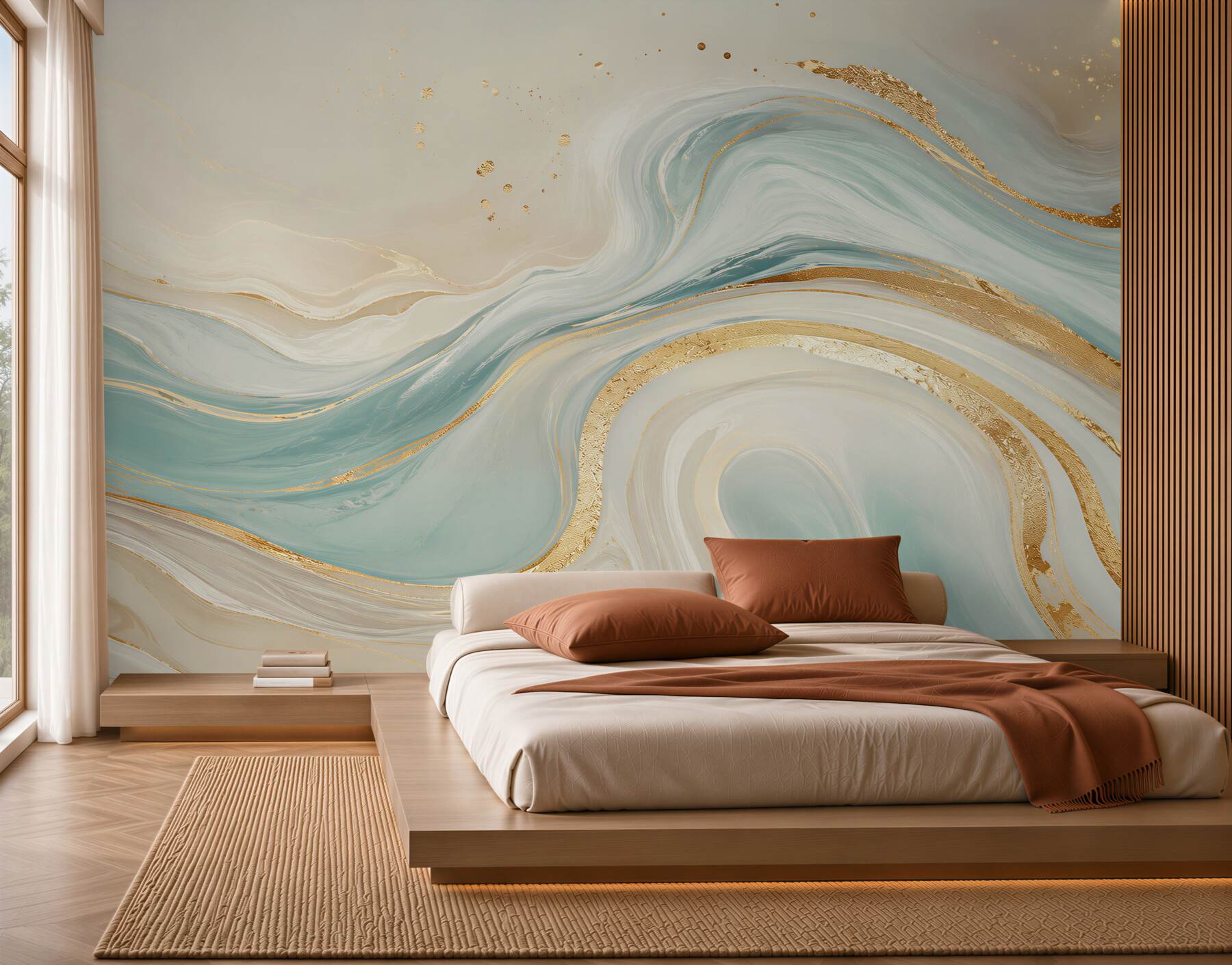 Fotobehang abstracte gemarmerde golven blauw beige met gouden accenten