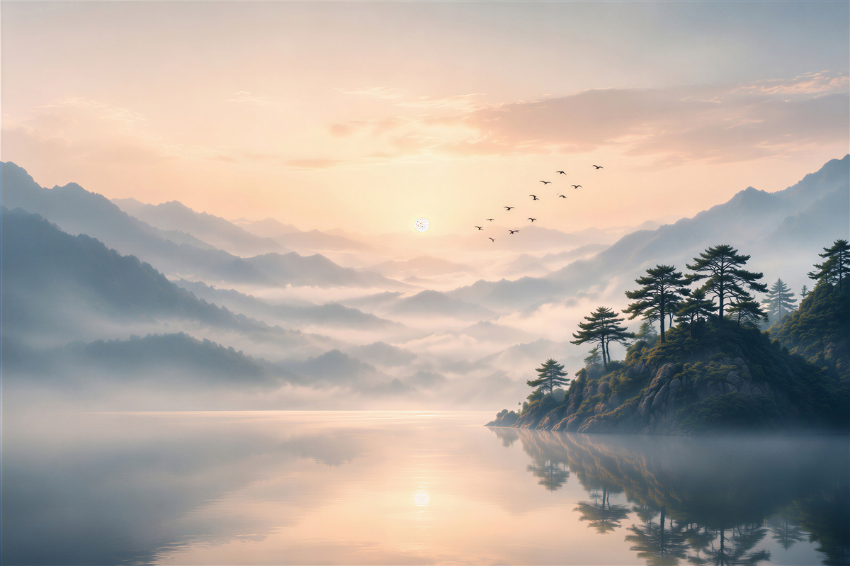 Fotobehang meer bij zonsopgang in de mist met bergen en dennen