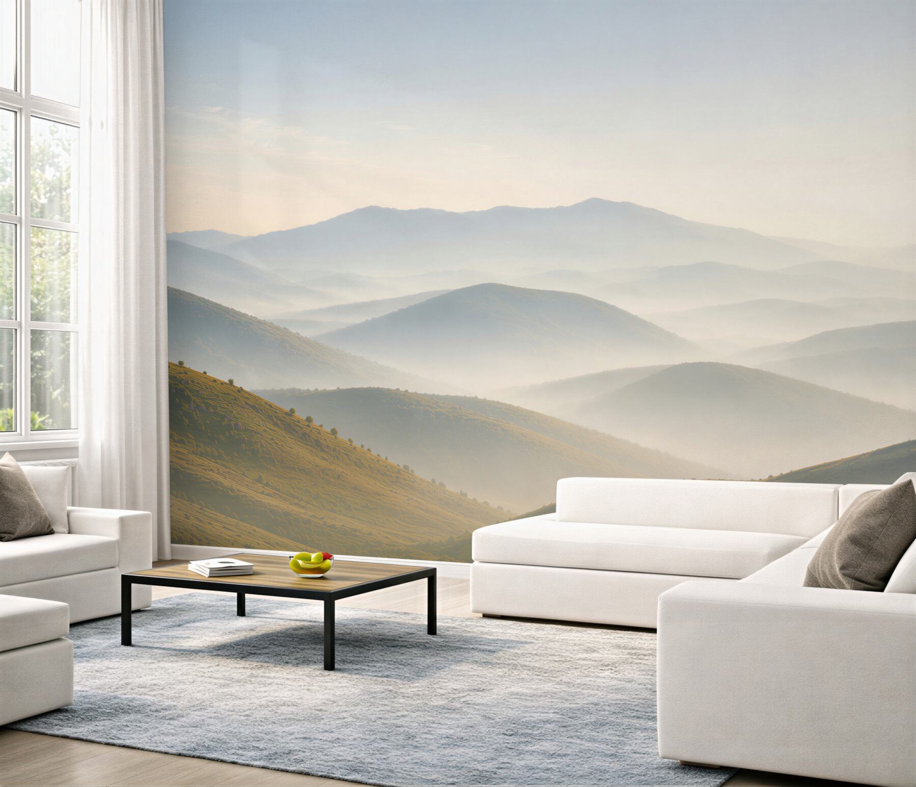 Fotobehang bergachtige heuvels in de mist van de ochtend voor een rustige inrichting