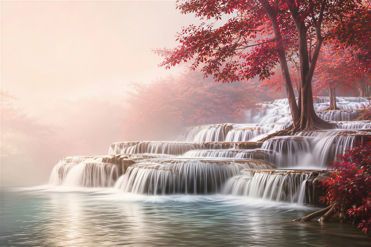 Fotobehang waterval met cascades en rode bomen in de mist