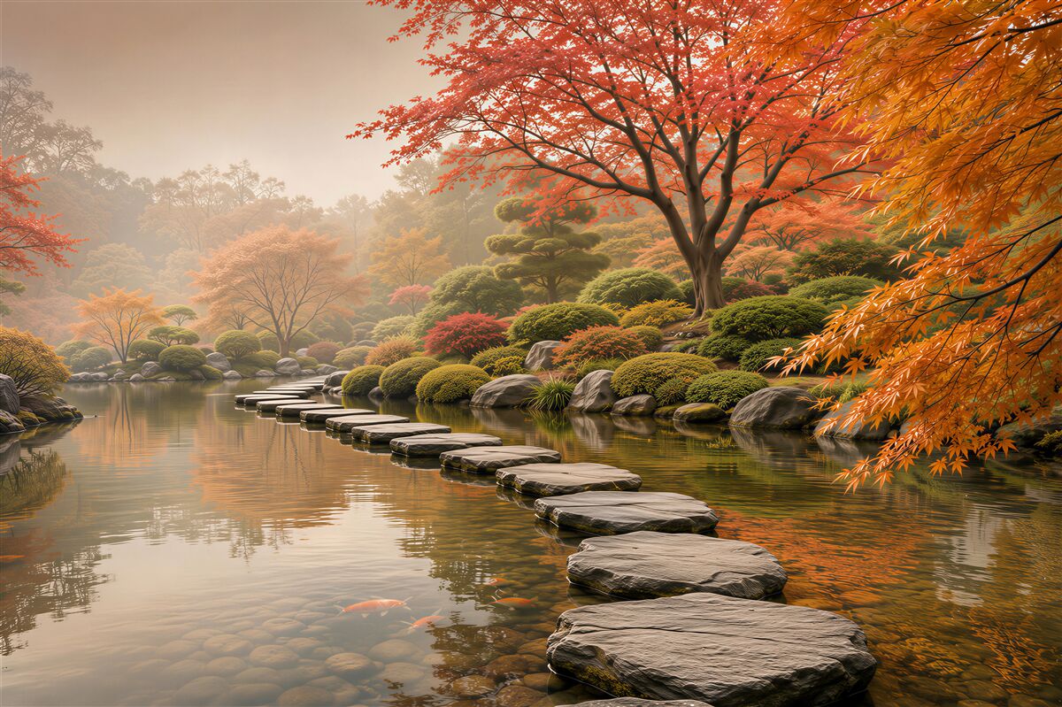 Fotobehang Japanse herfsttuin met stenen pad boven de vijver