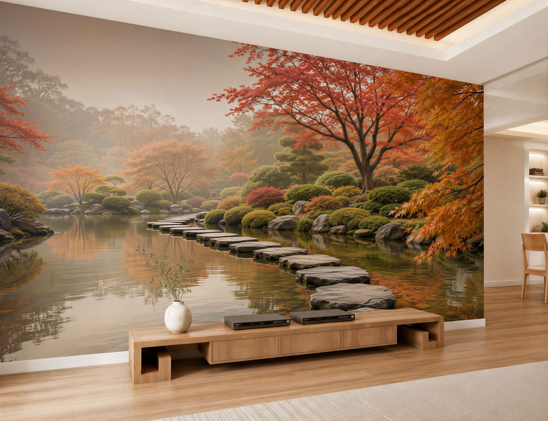 Fotobehang Japanse herfsttuin met stenen pad boven de vijver