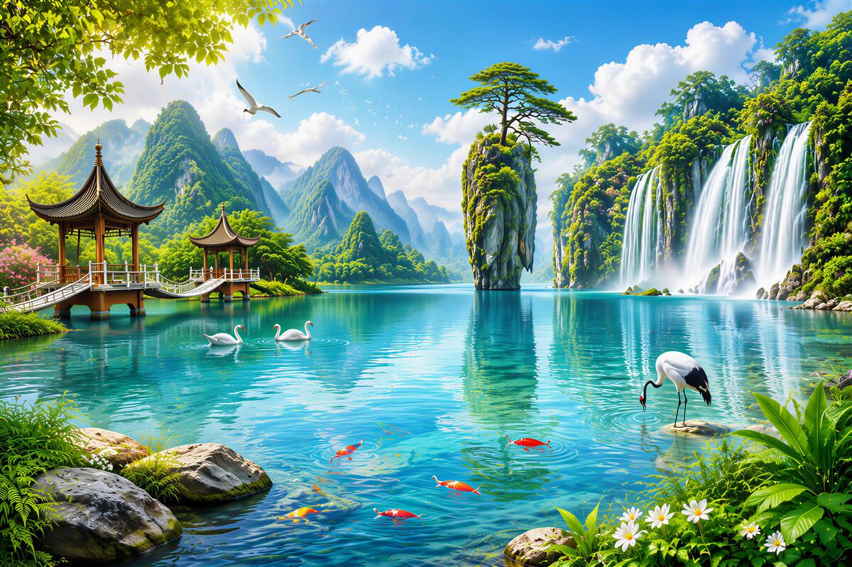 Fotobehang watervallen en turquoise meer in een oosters landschap