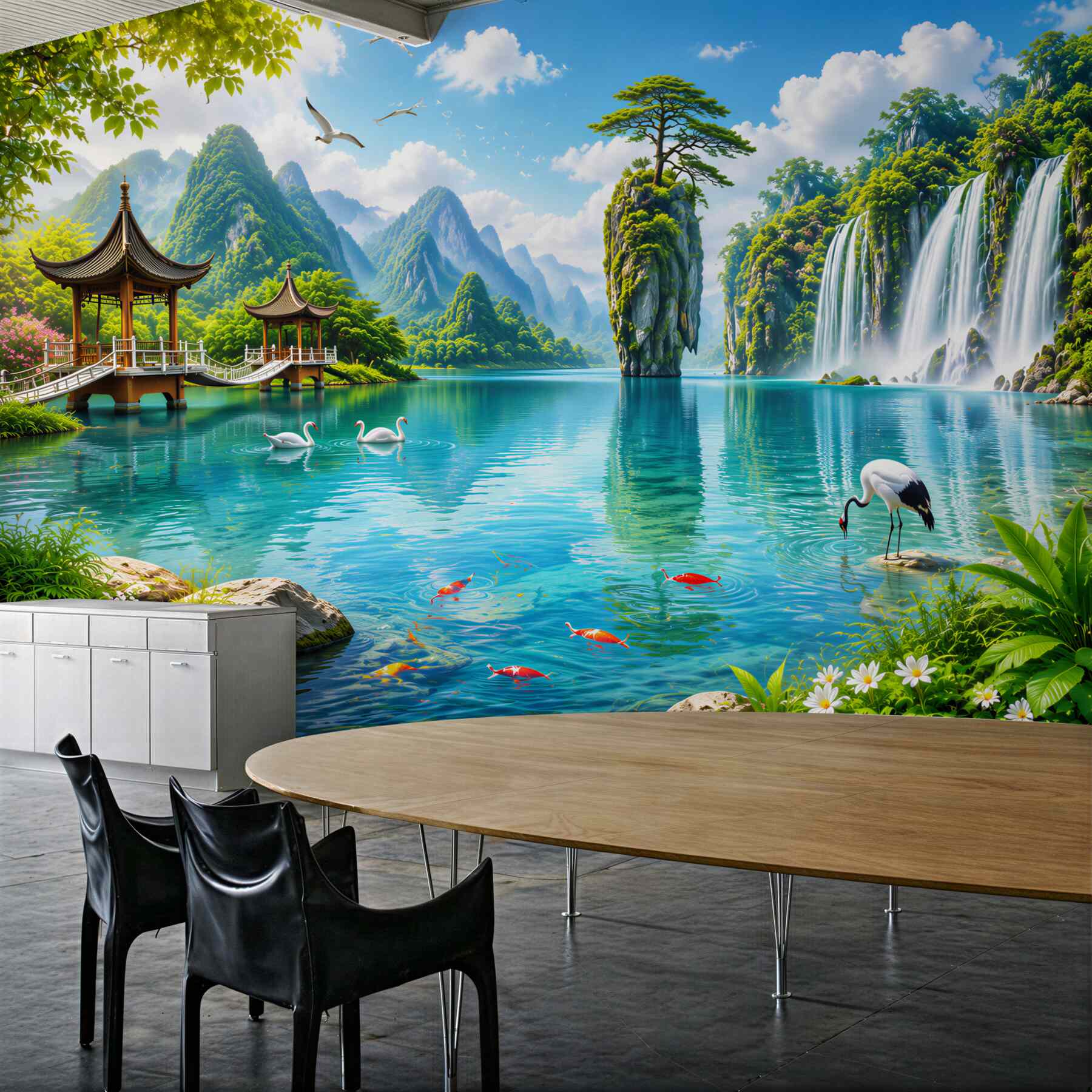 Fotobehang watervallen en turquoise meer in een oosters landschap