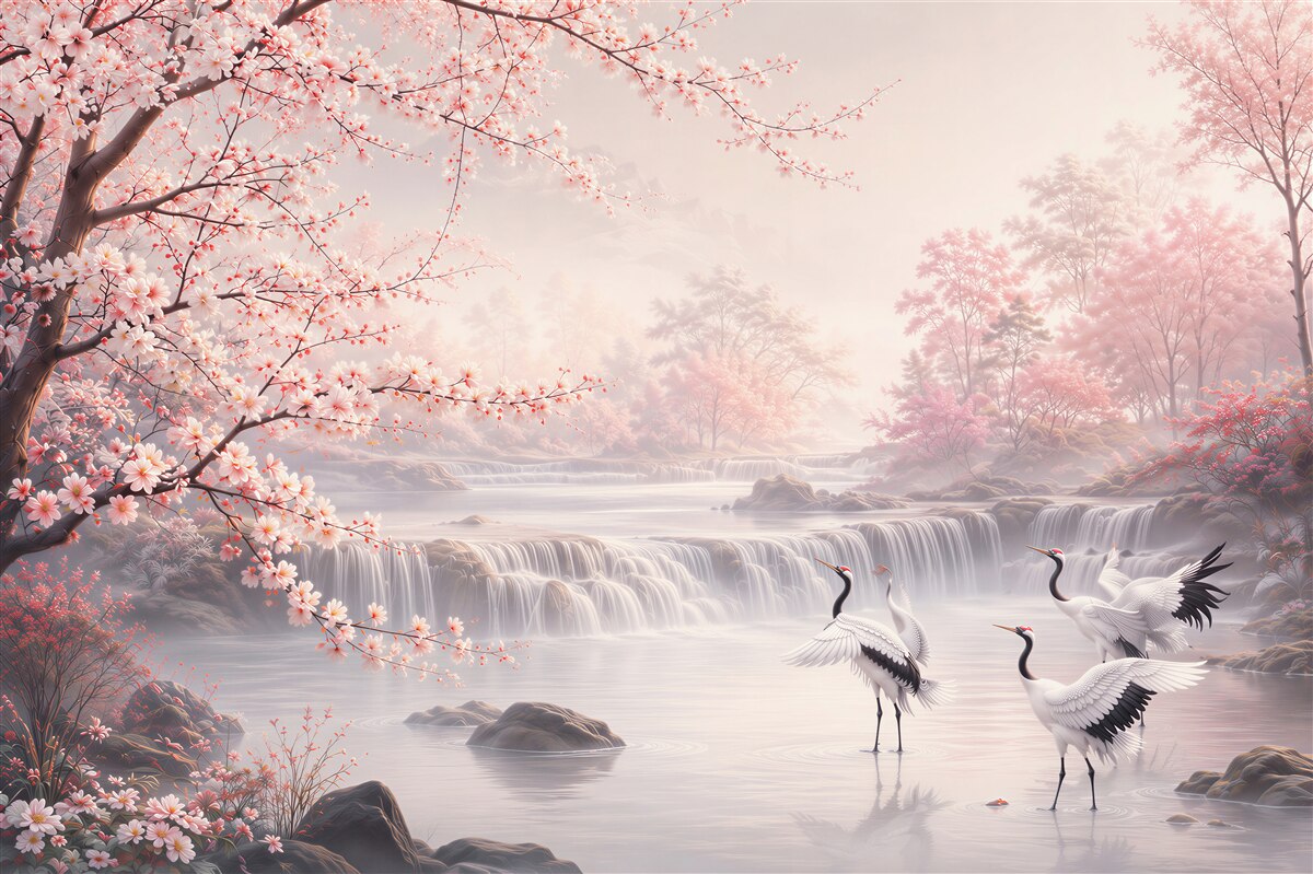 Fotobehang bloeiende kersenbomen en kraanvogels boven een waterval in pastelroze