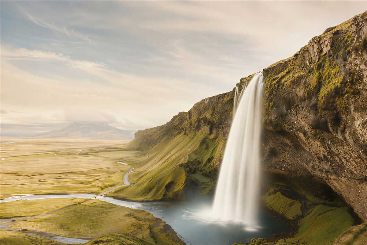 Fotobehang waterval op een klif met een uitgestrekt dal rustig landschap