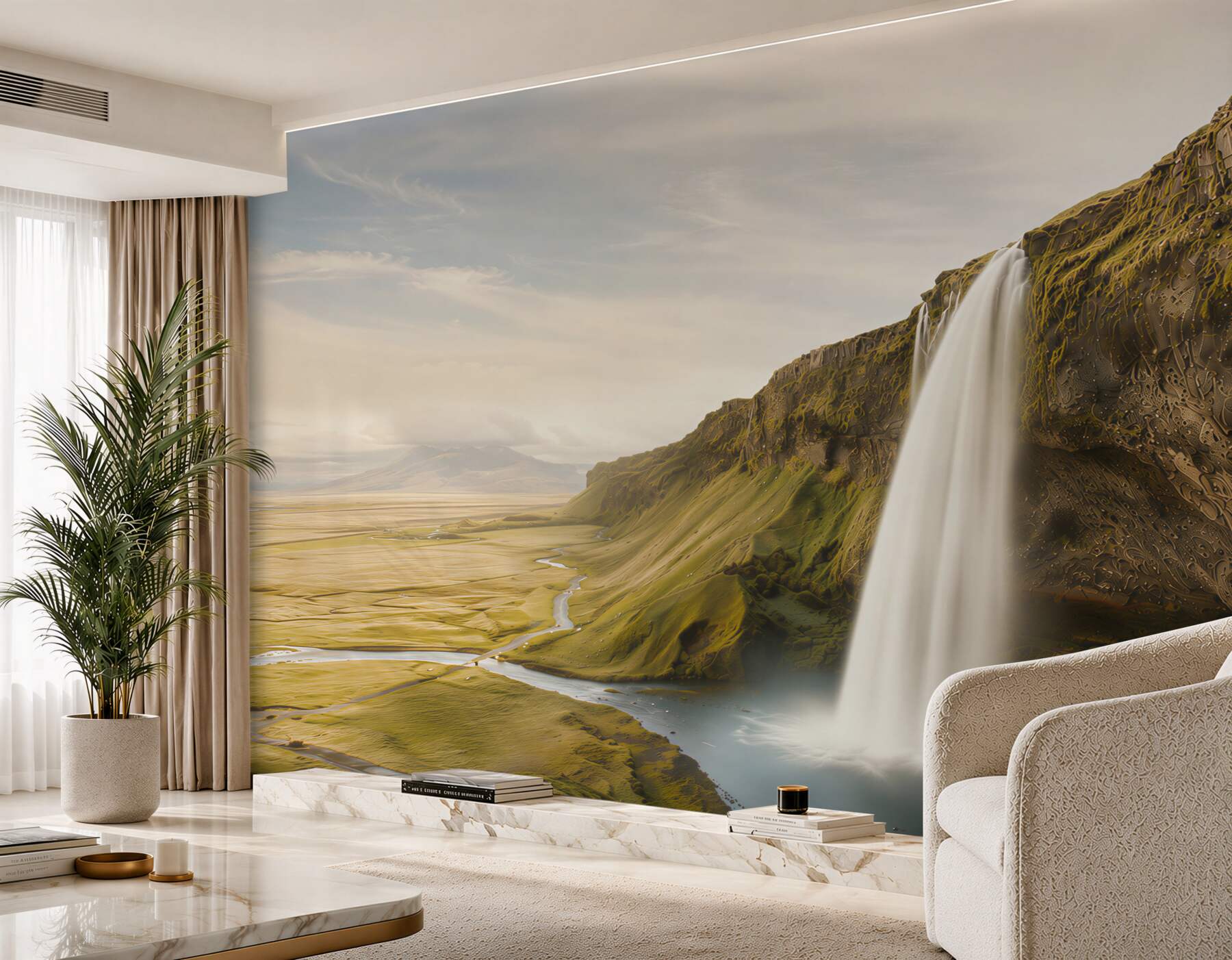 Fotobehang waterval op een klif met een uitgestrekt dal rustig landschap