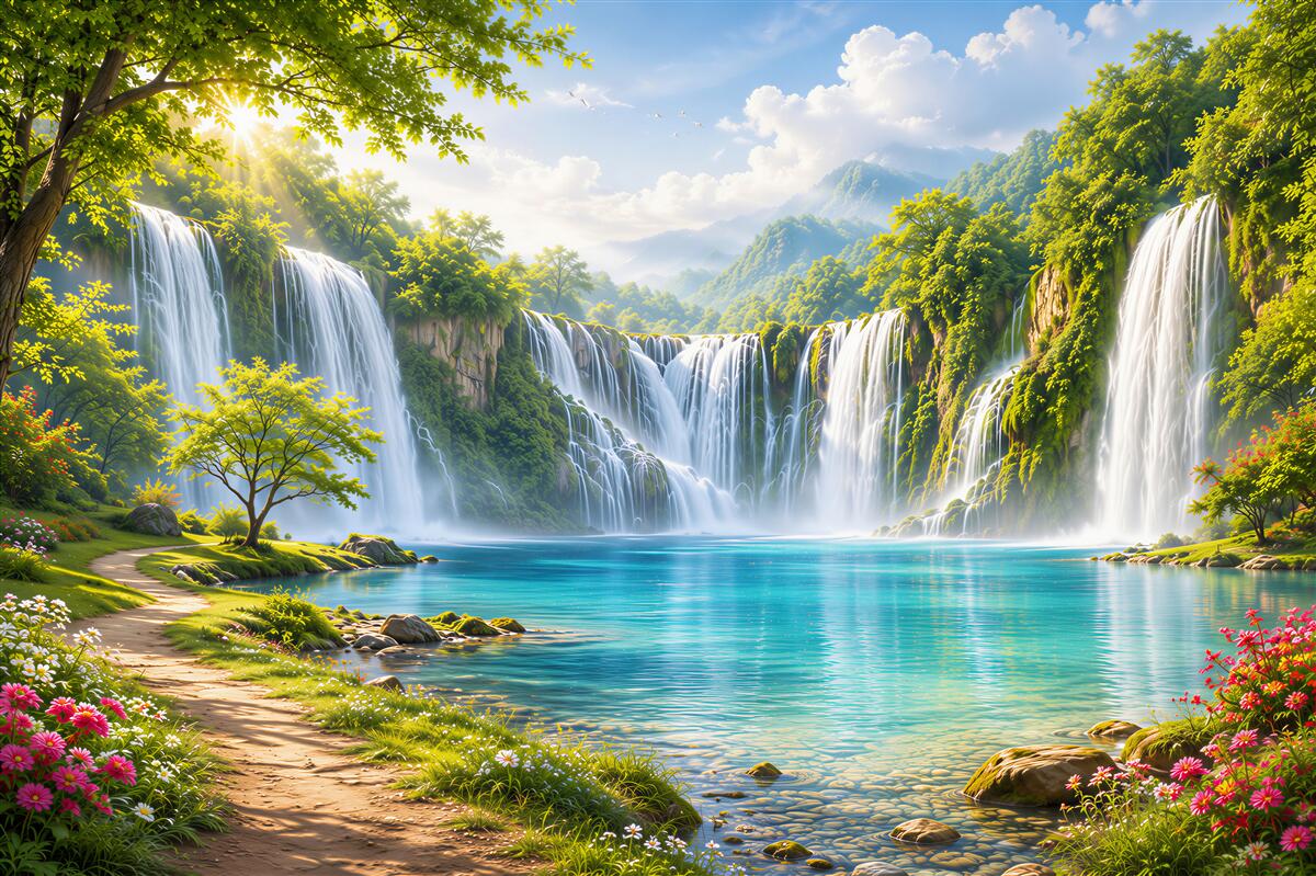 Fotobehang watervallen in een tropisch bos boven een turquoise meer