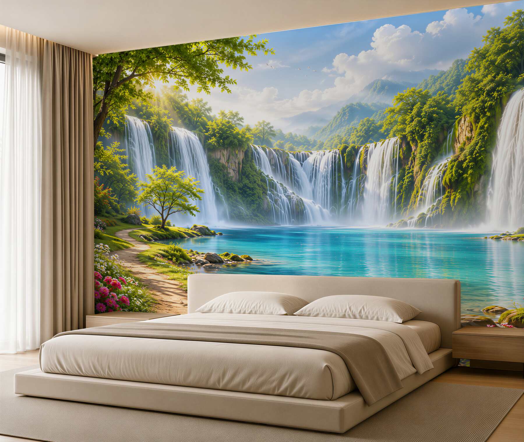 Fotobehang watervallen in een tropisch bos boven een turquoise meer