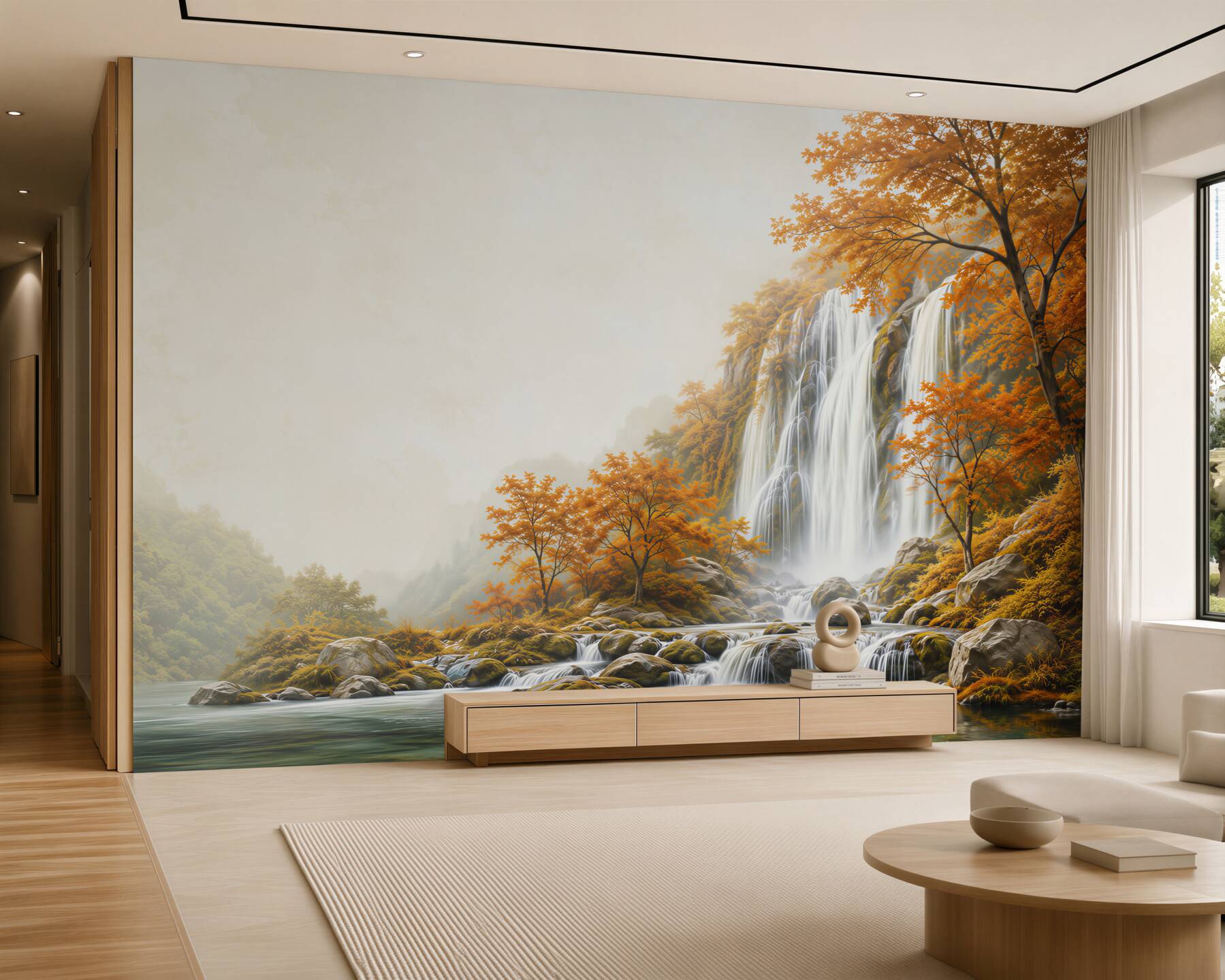 Fotobehang herfstwaterval in de bergen met oranje bomen
