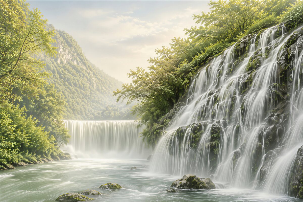 Fotobehang waterval in een groene vallei ontspannend landschap