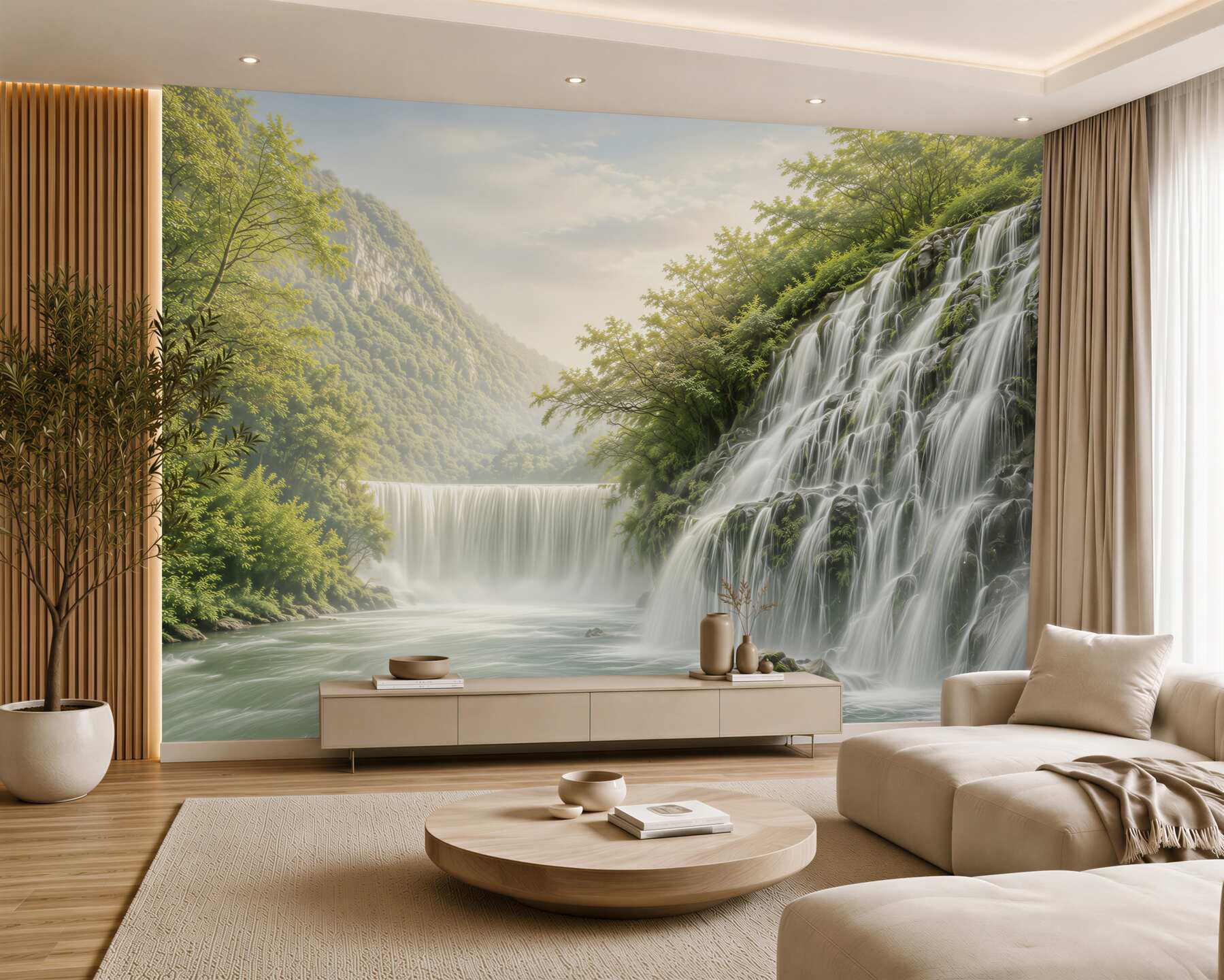 Fotobehang waterval in een groene vallei ontspannend landschap