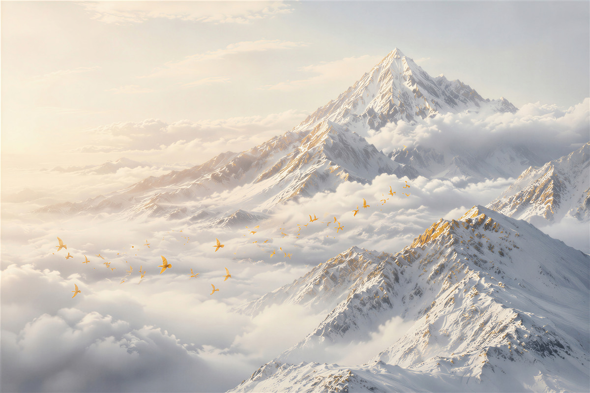 Fotobehang besneeuwde bergen boven de wolken in gouden licht