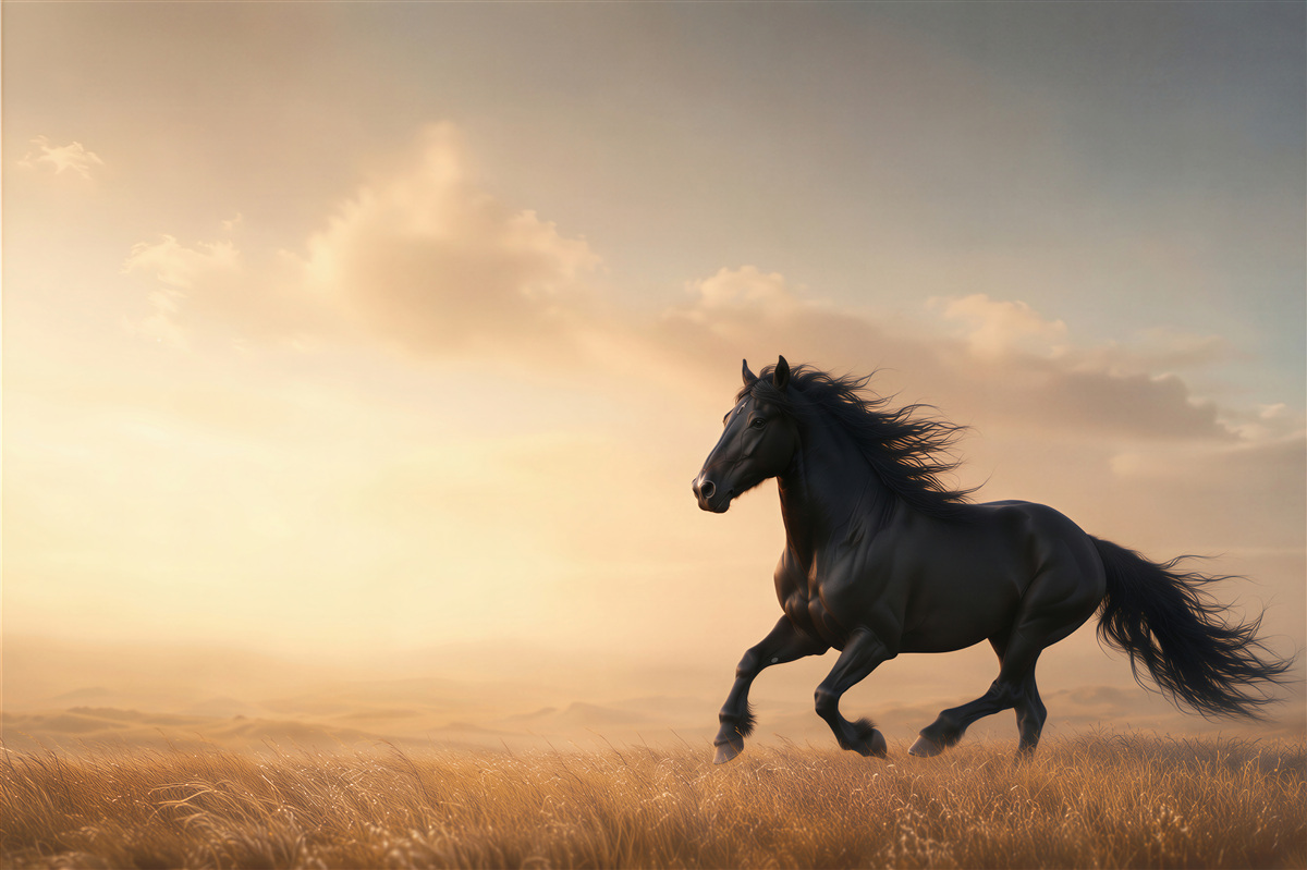 Fotobehang zwart paard galopperend bij zonsondergang op een gouden weide