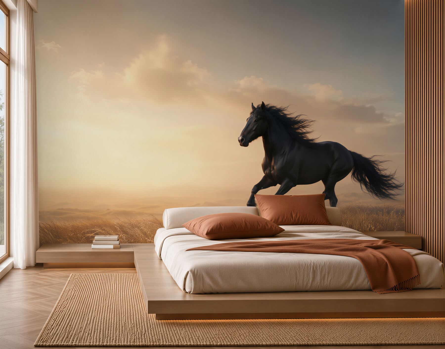 Fotobehang zwart paard galopperend bij zonsondergang op een gouden weide