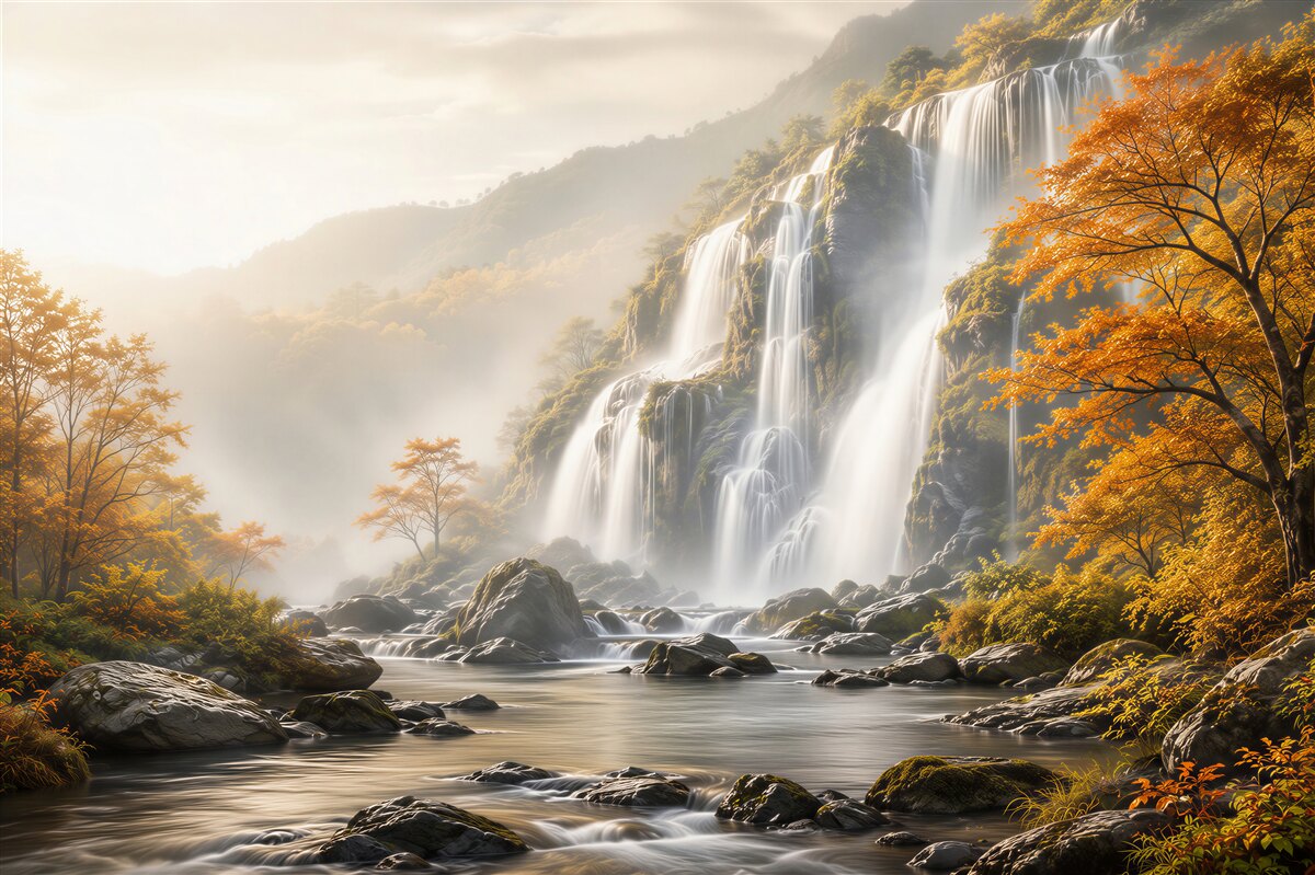 Fotobehang majestueuze waterval in een herfstlandschap met mist en rivier