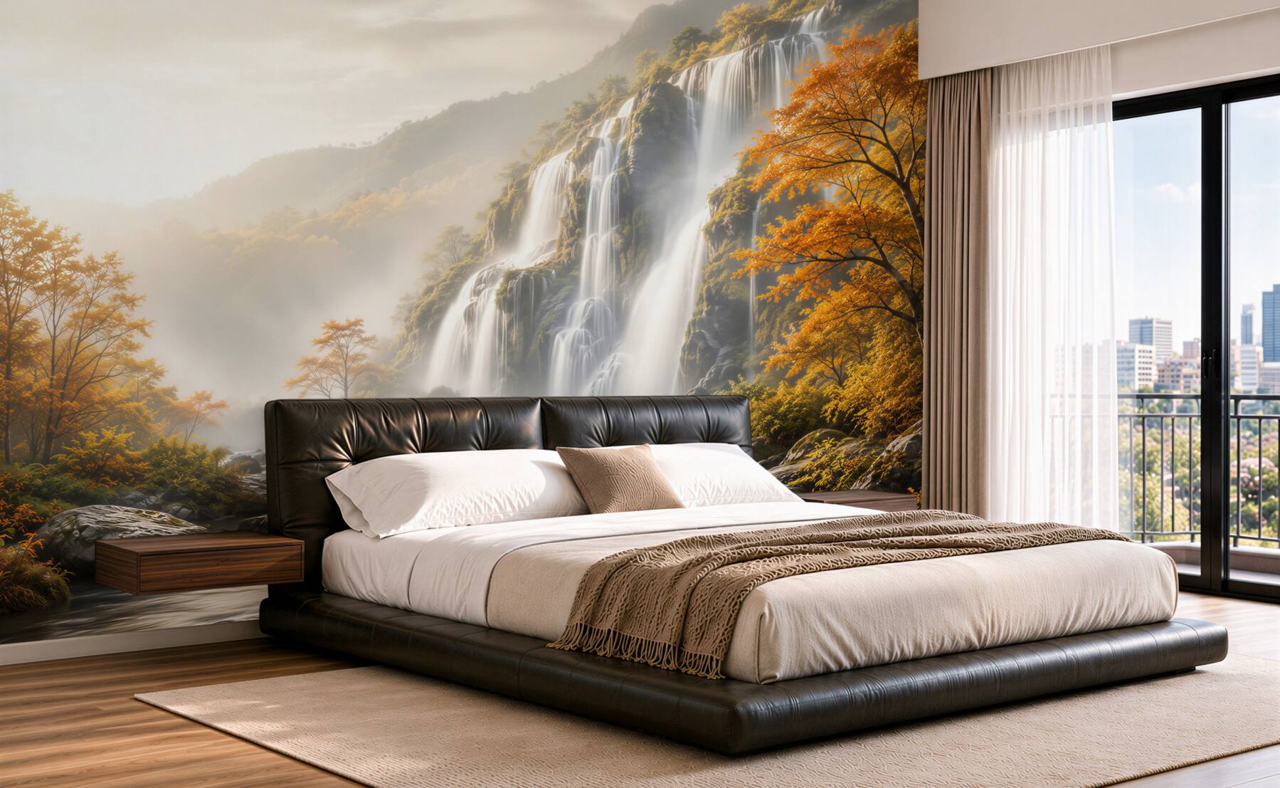 Fotobehang majestueuze waterval in een herfstlandschap met mist en rivier