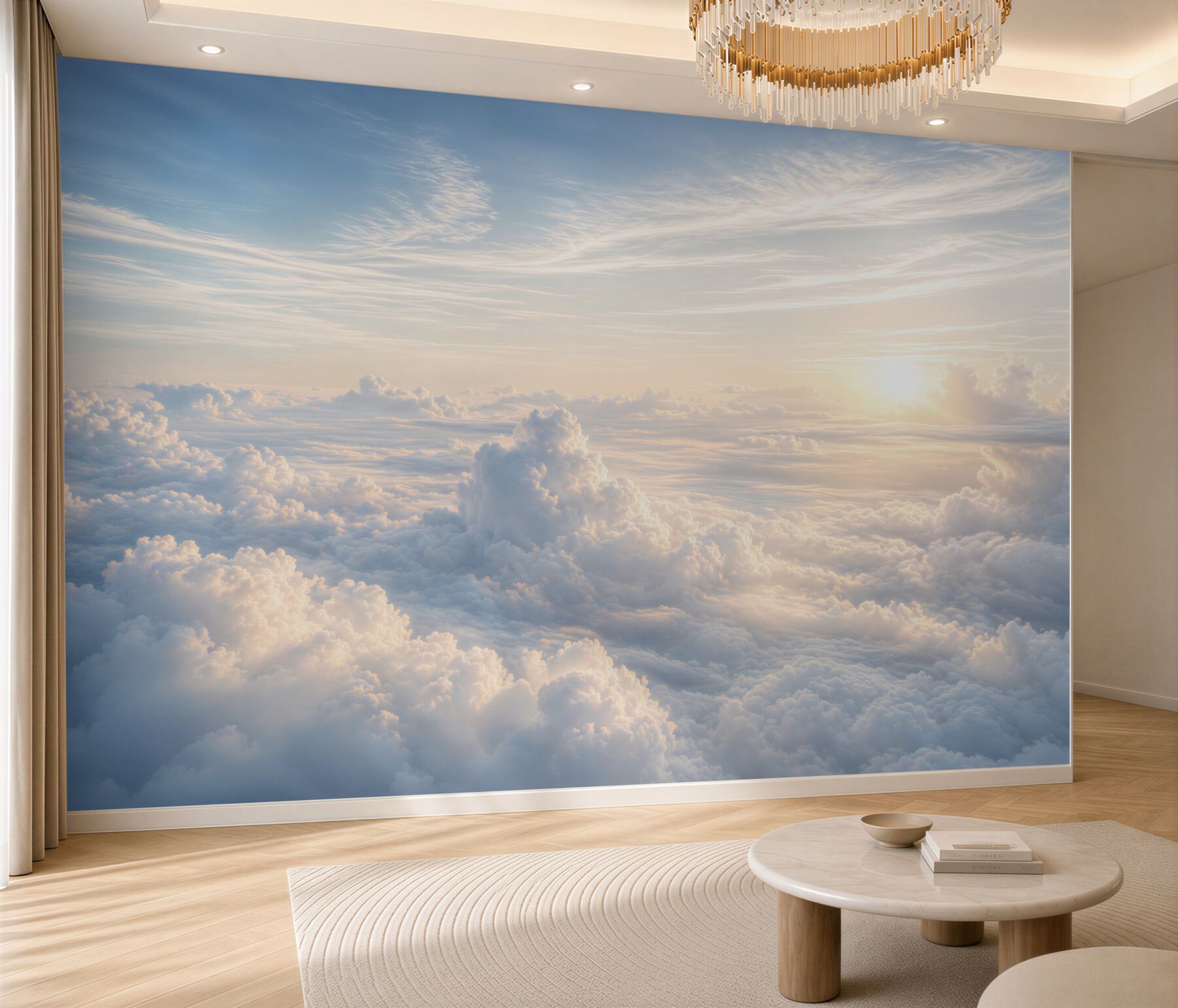 Fotobehang witte wolken en blauwe lucht met zon rustige abstractie