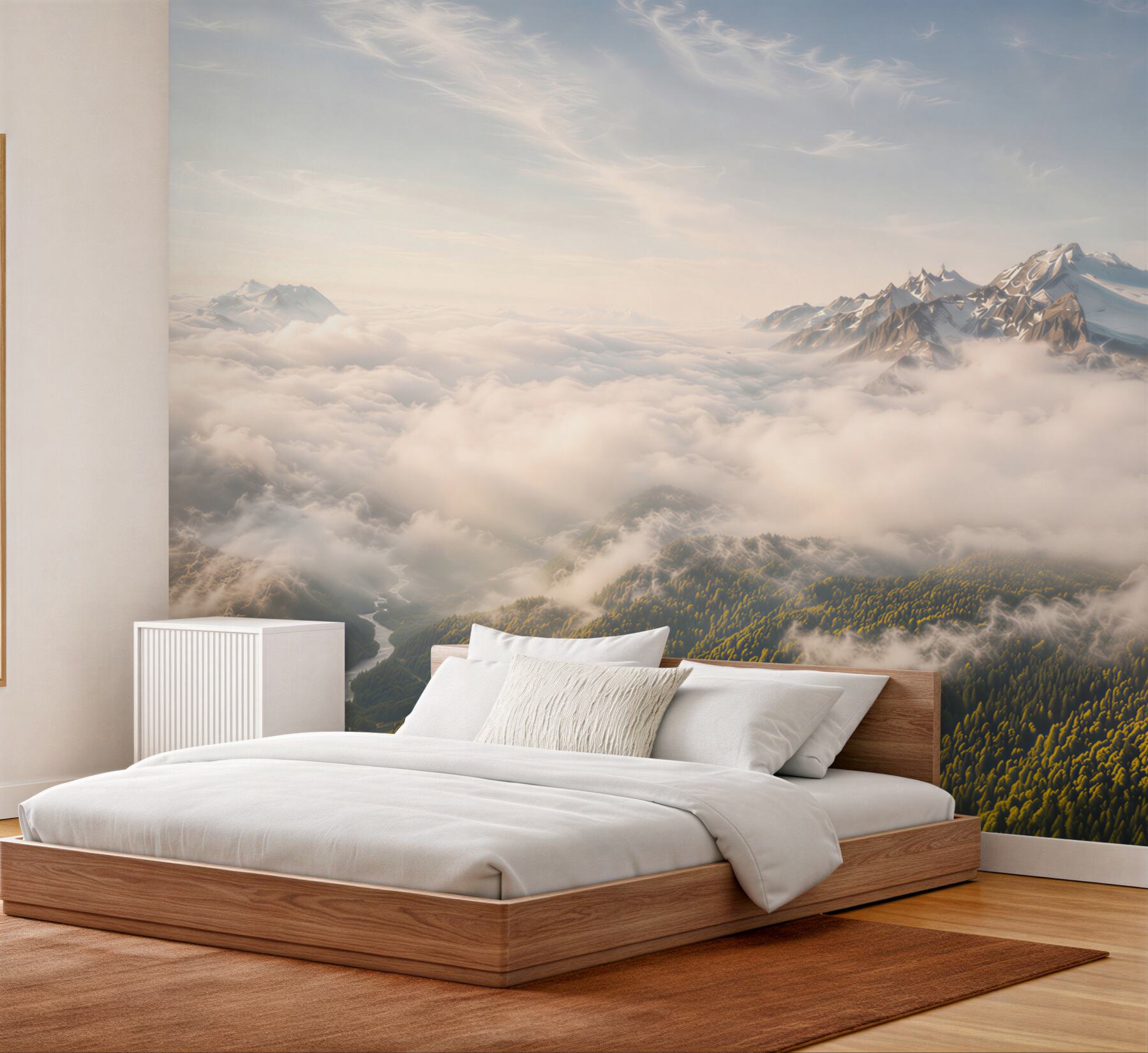 Fotobehang bergen boven de wolken bij zonsopgang voor een moderne woonkamer