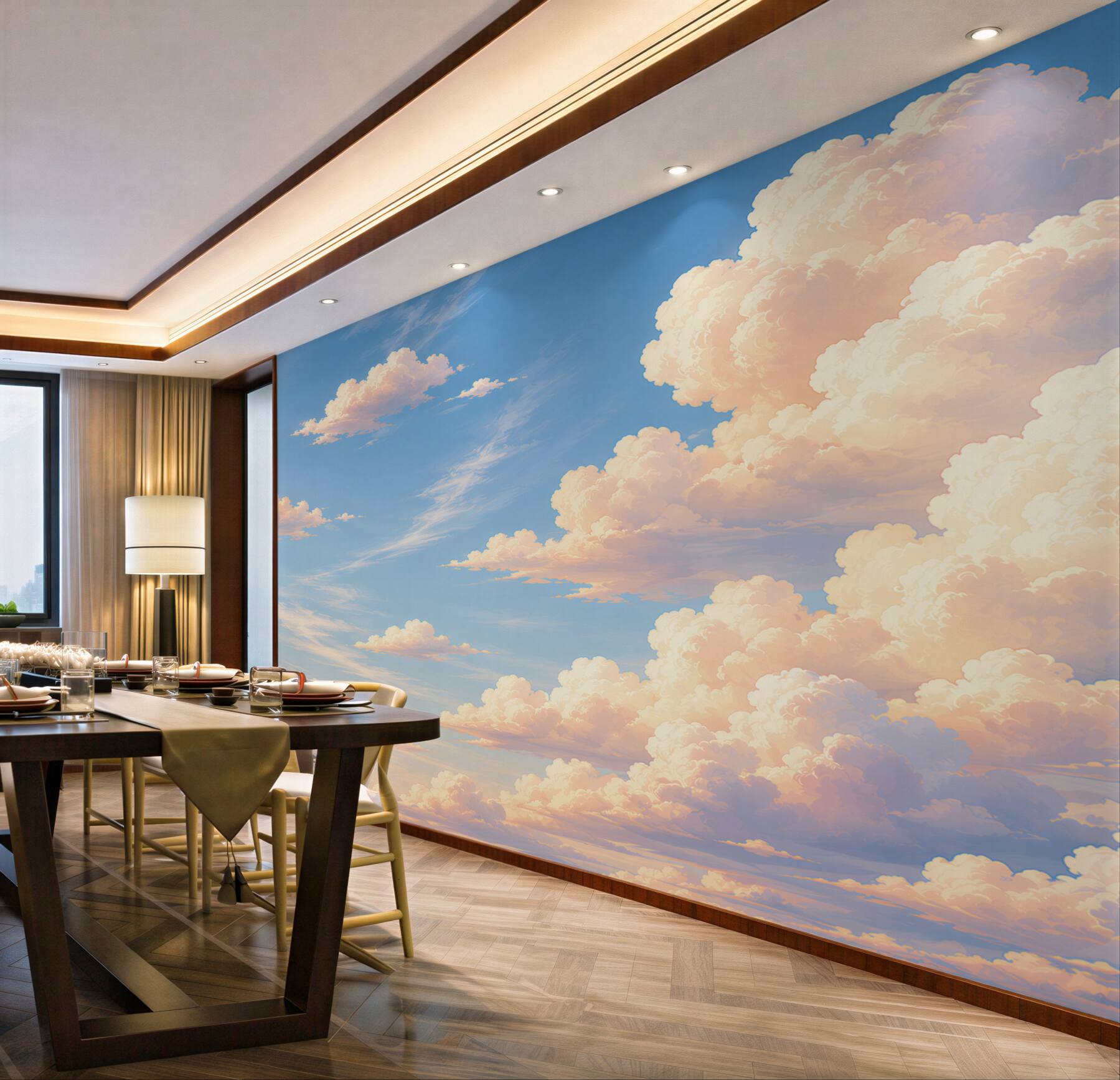 Fotobehang pastelkleuren wolken op een blauwe lucht voor de slaapkamer