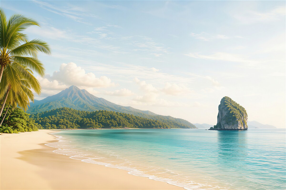 Fotobehang paradijselijke strand met een palmboom, turquoise zee en berg op de achtergrond