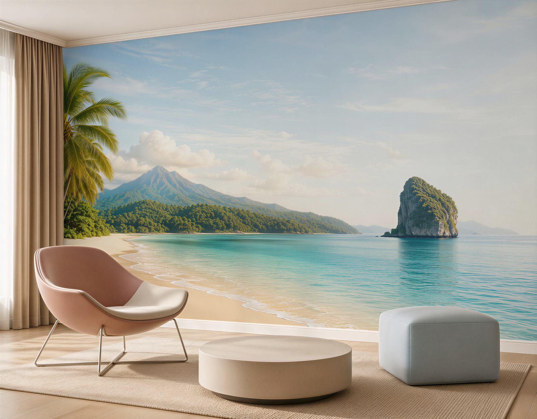 Fotobehang paradijselijke strand met een palmboom, turquoise zee en berg op de achtergrond