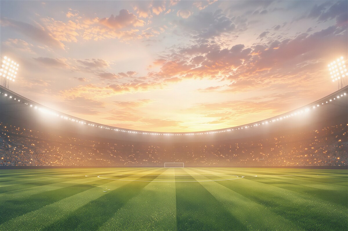 Fotobehang voetbalstadion bij zonsondergang met groen gras