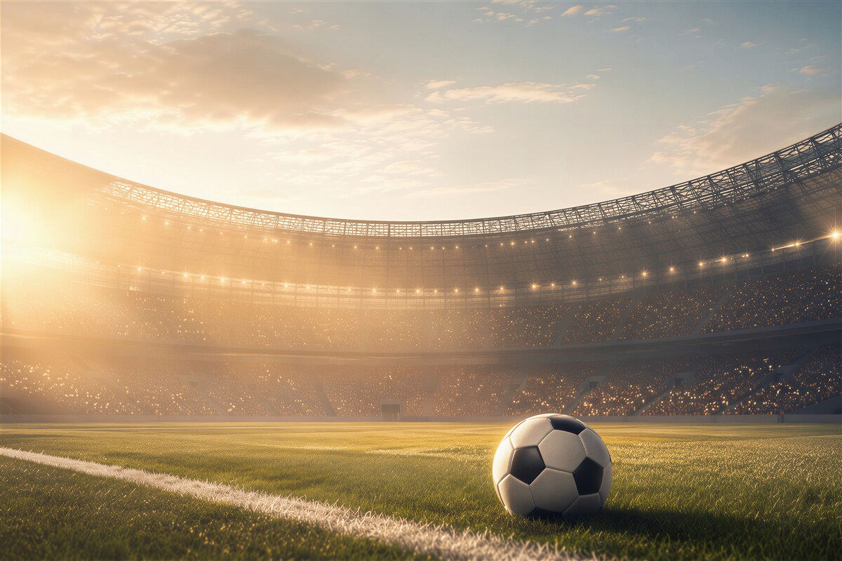 Fotobehang voetbal in het stadion bij zonsondergang sportief