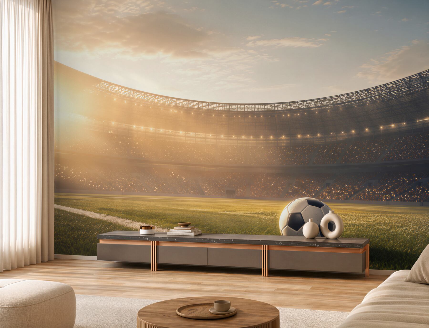Fotobehang voetbal in het stadion bij zonsondergang sportief