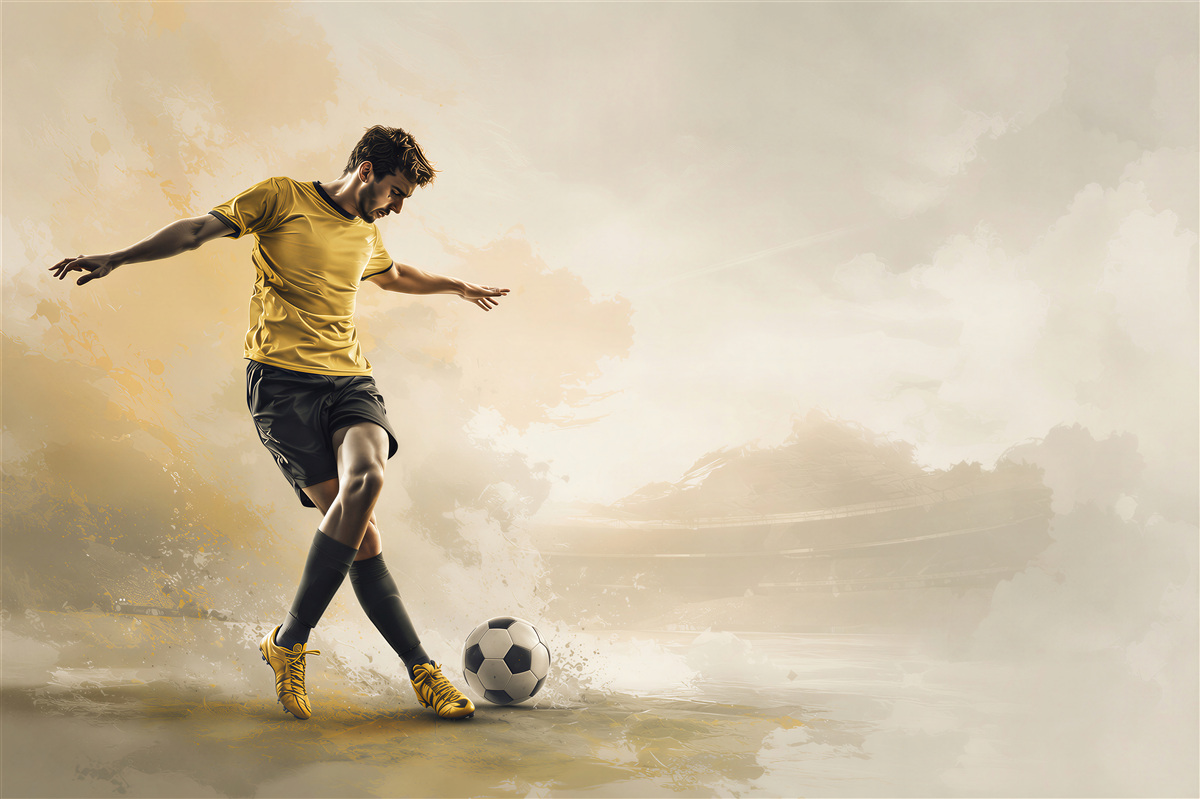 Fotobehang voetballer met bal dynamisch beige en goud voor de tienerkamer