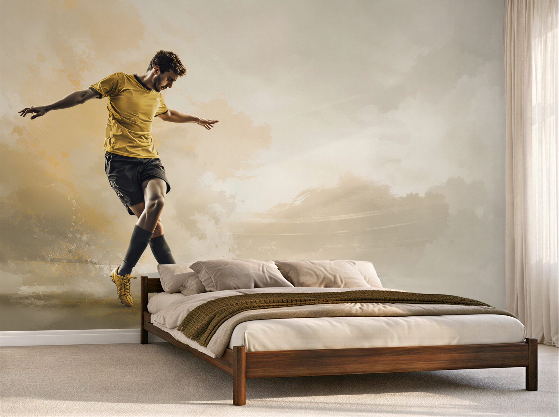 Fotobehang voetballer met bal dynamisch beige en goud voor de tienerkamer