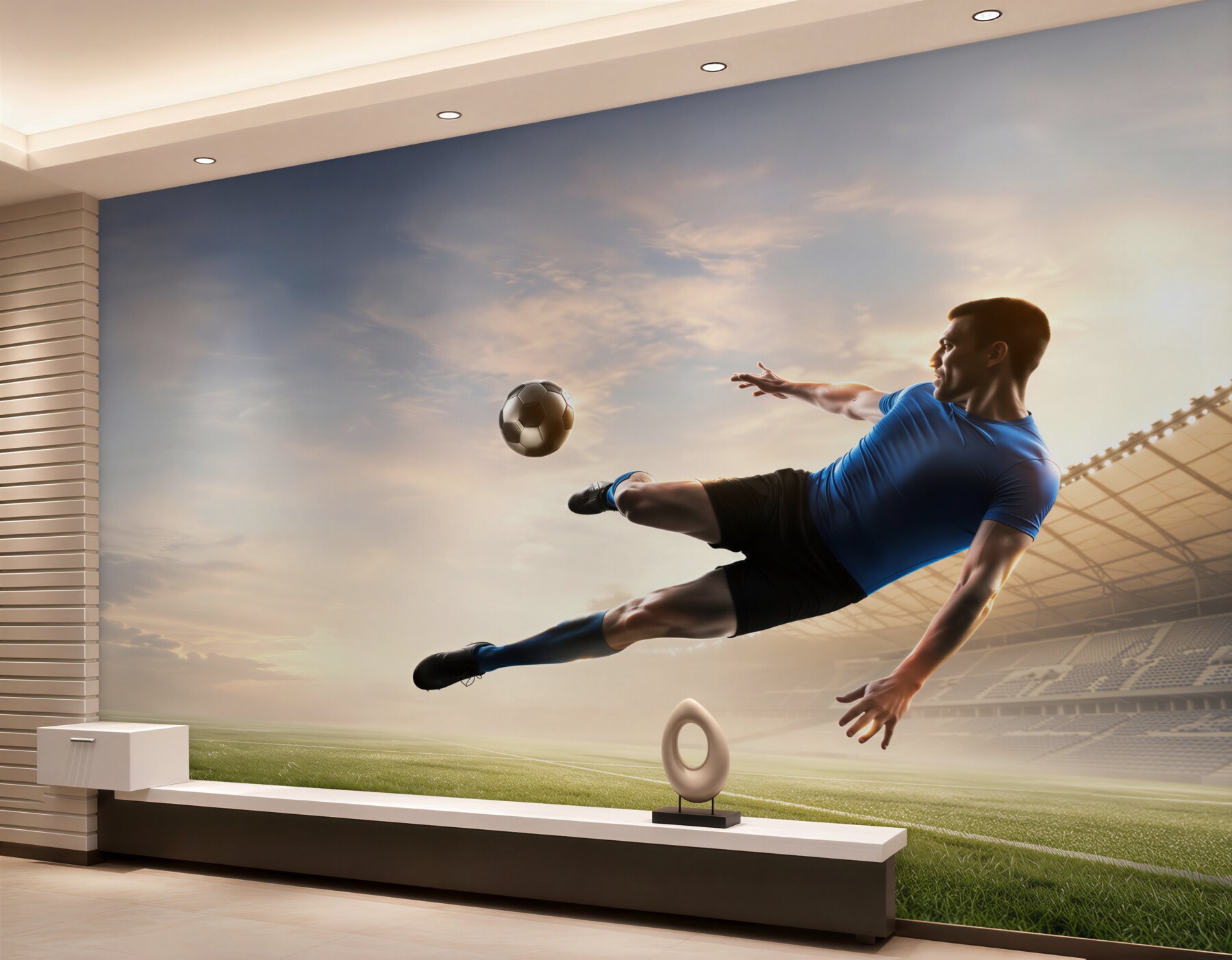 Fotobehang voetballer in de lucht in het stadion dynamisch voor de tienerkamer
