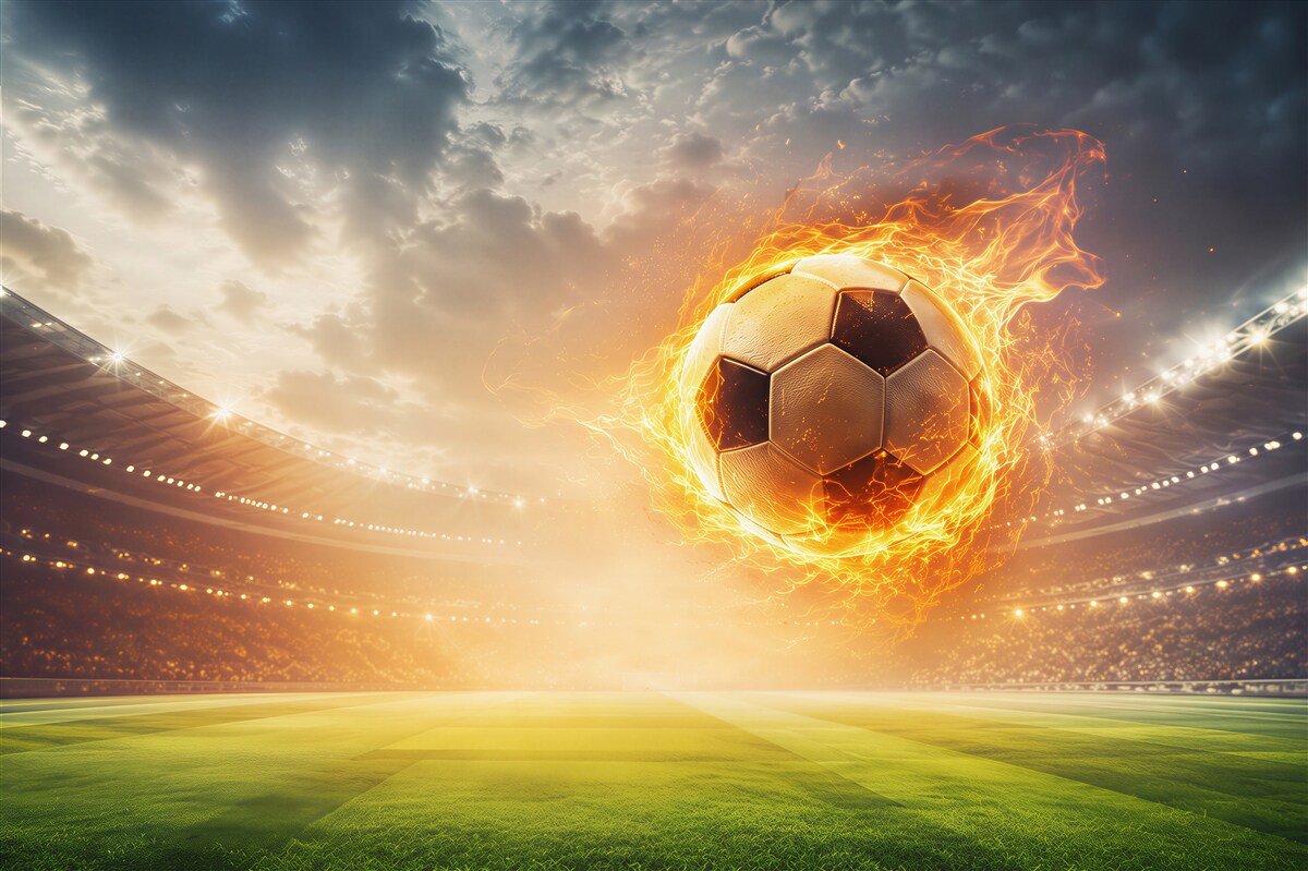 Fotobehang brandende voetbal in het stadion dynamisch sportief