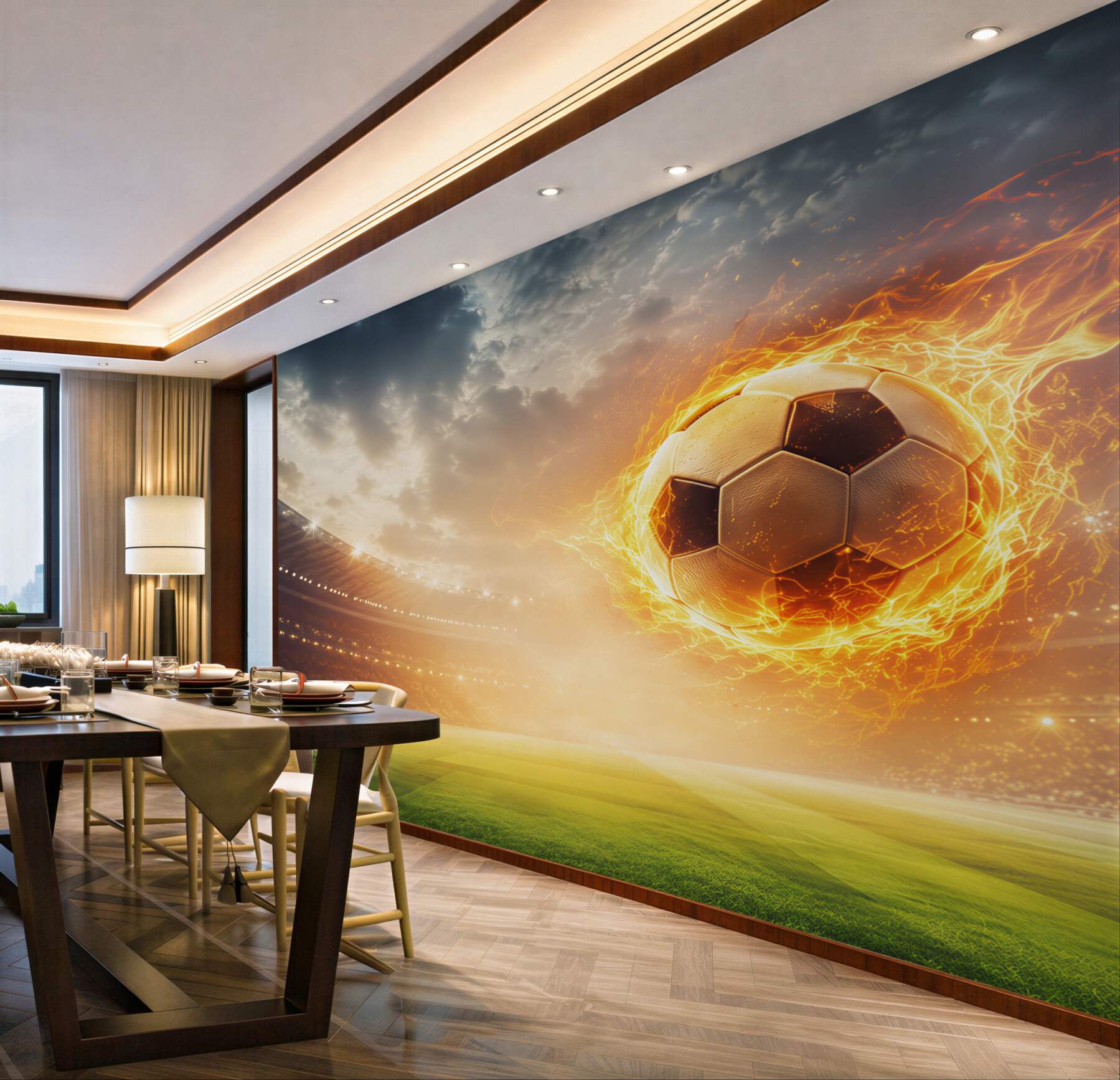 Fotobehang brandende voetbal in het stadion dynamisch sportief