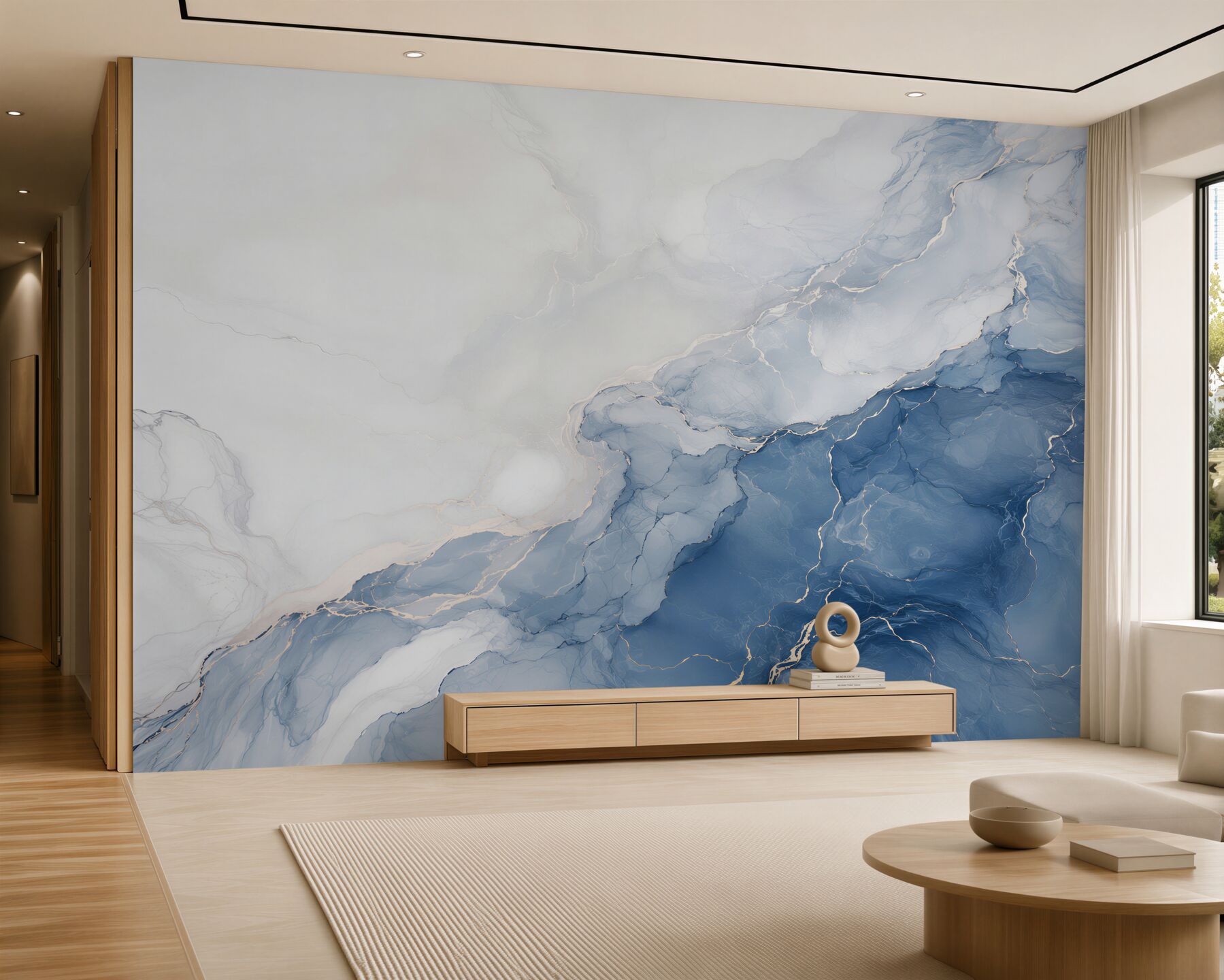 Fotobehang abstract marmer blauw met wit en gouden lijnen