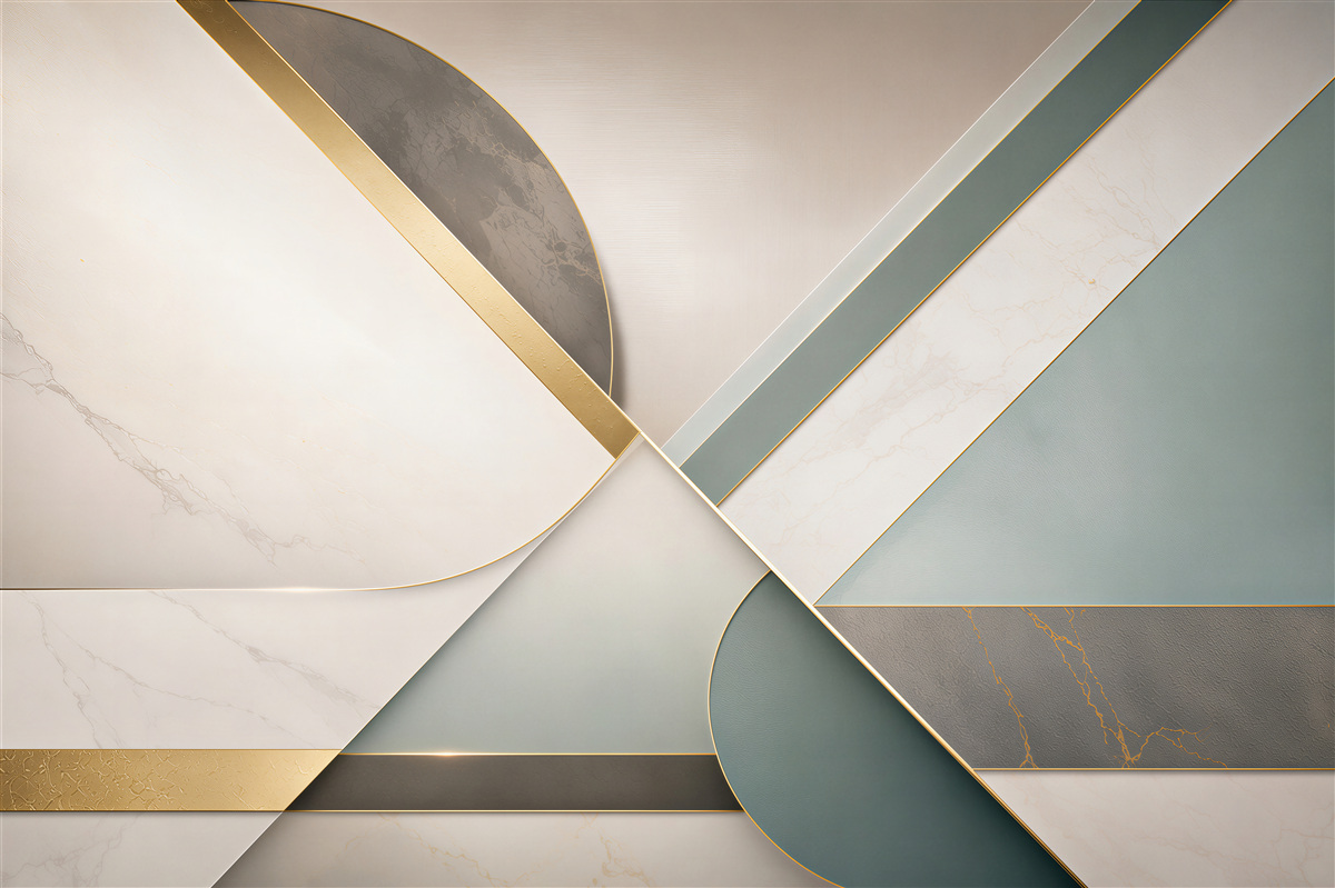 Fotobehang abstract geometrisch beige-groen met gouden lijnen modern