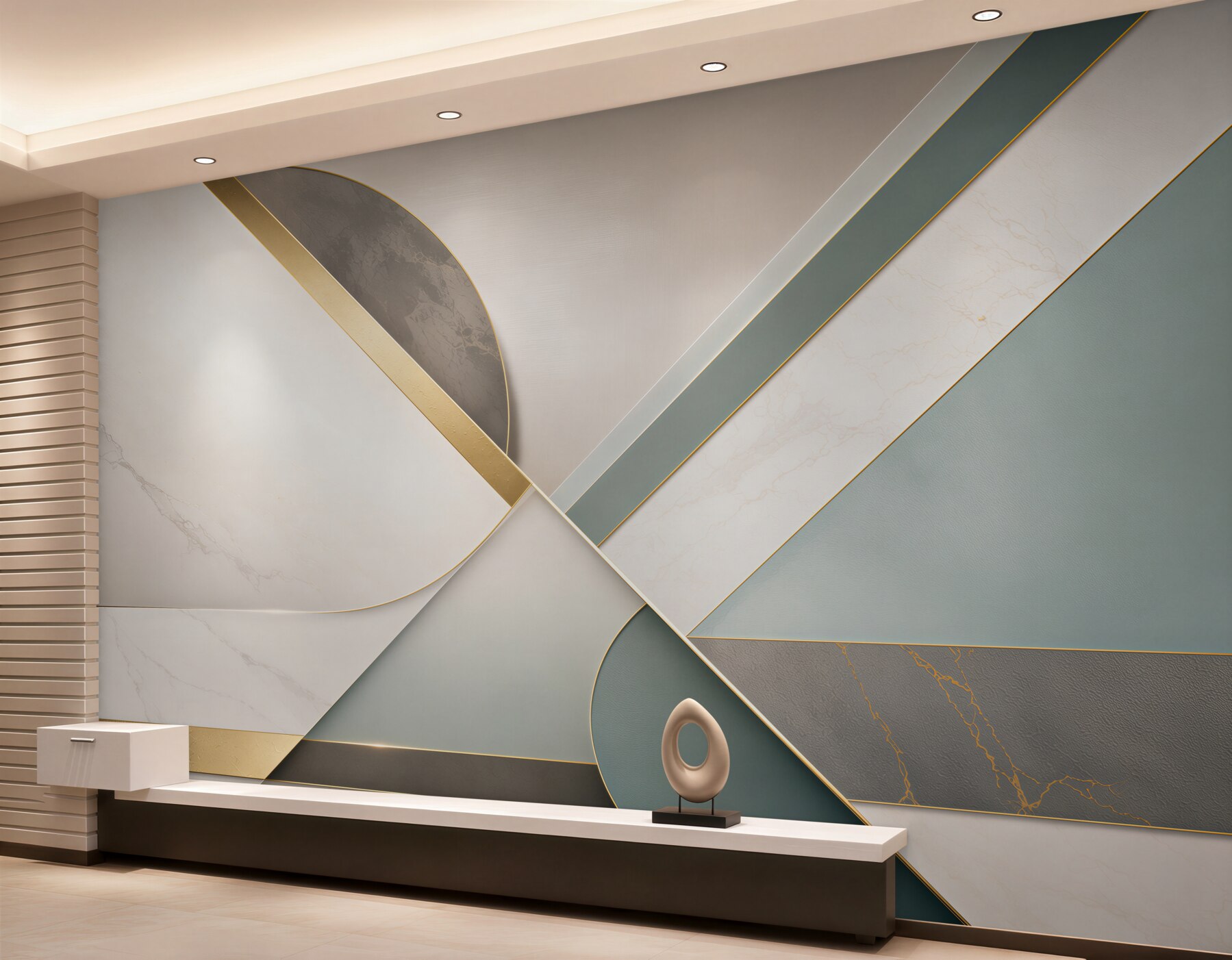 Fotobehang abstract geometrisch beige-groen met gouden lijnen modern