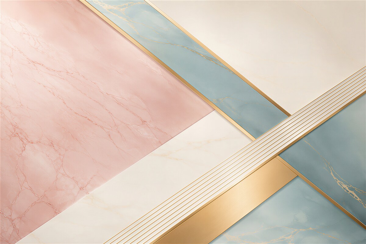 Fotobehang roze-blauw marmer met gouden lijnen geometrische elegantie