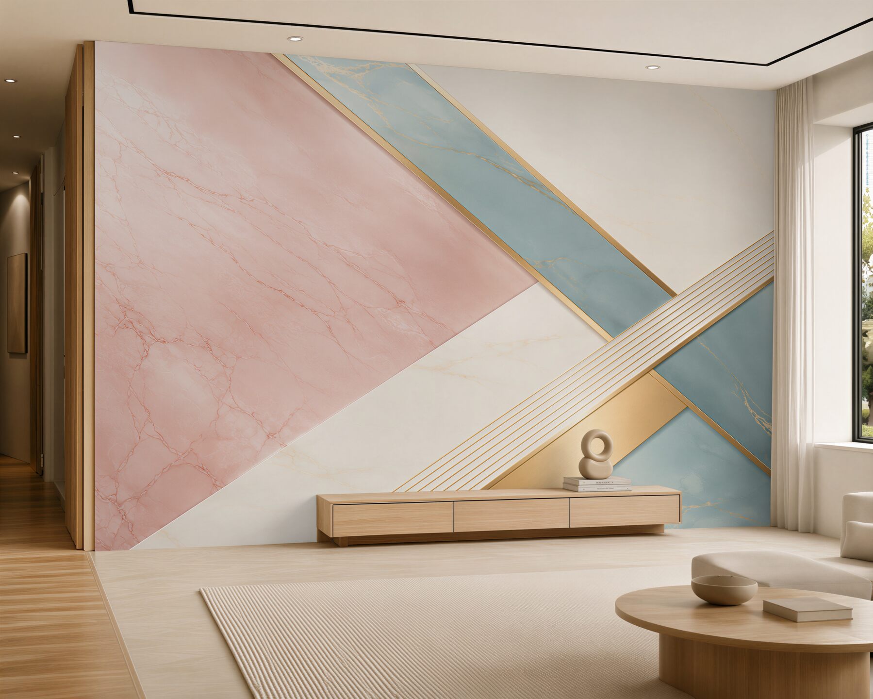 Fotobehang roze-blauw marmer met gouden lijnen geometrische elegantie