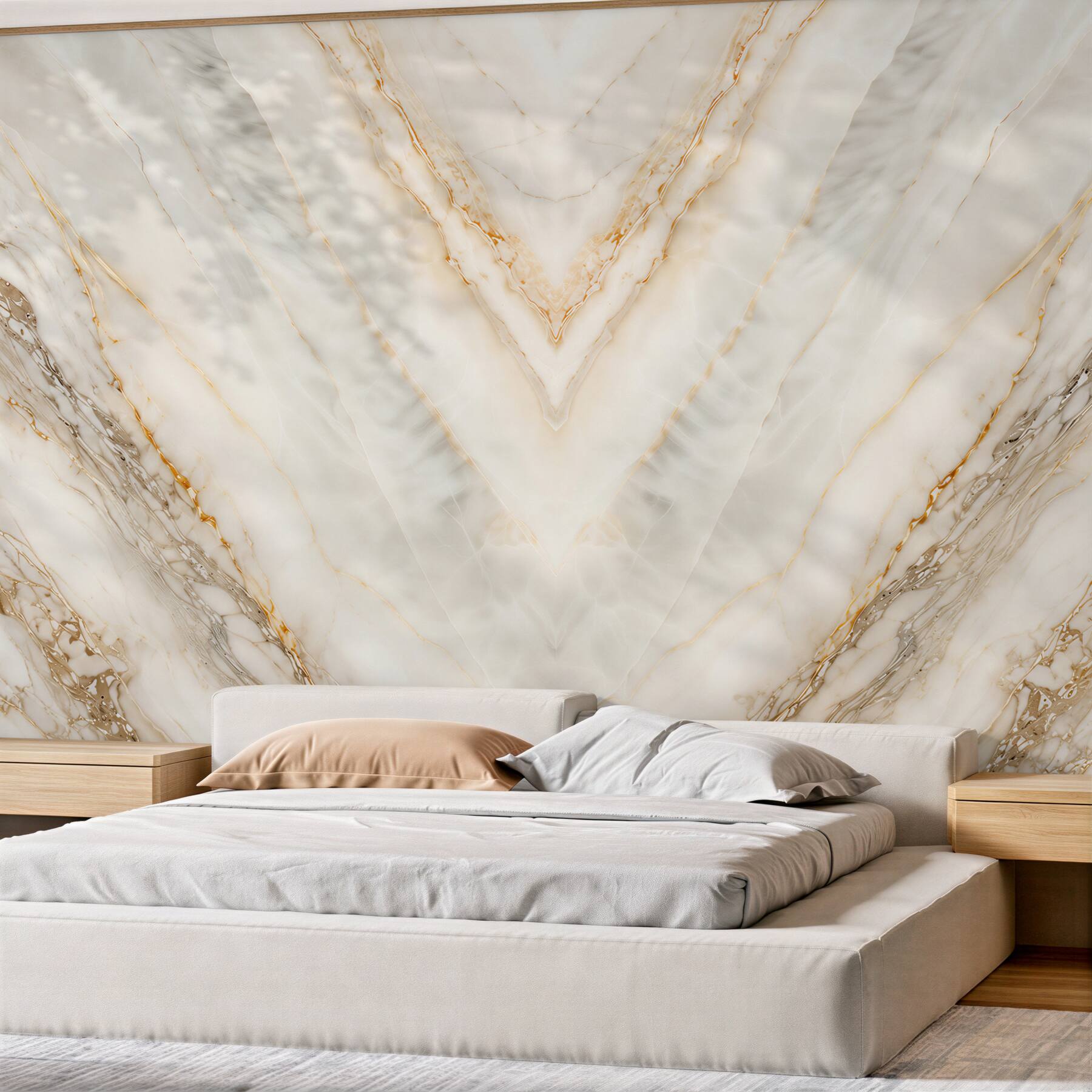 Fotobehang witte marmer met gouden aderen symmetrisch glamour patroon