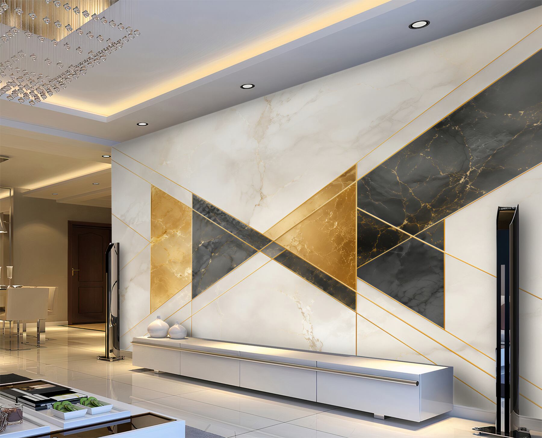 Fotobehang geometrisch marmer wit-zwart-goud moderne art deco stijl