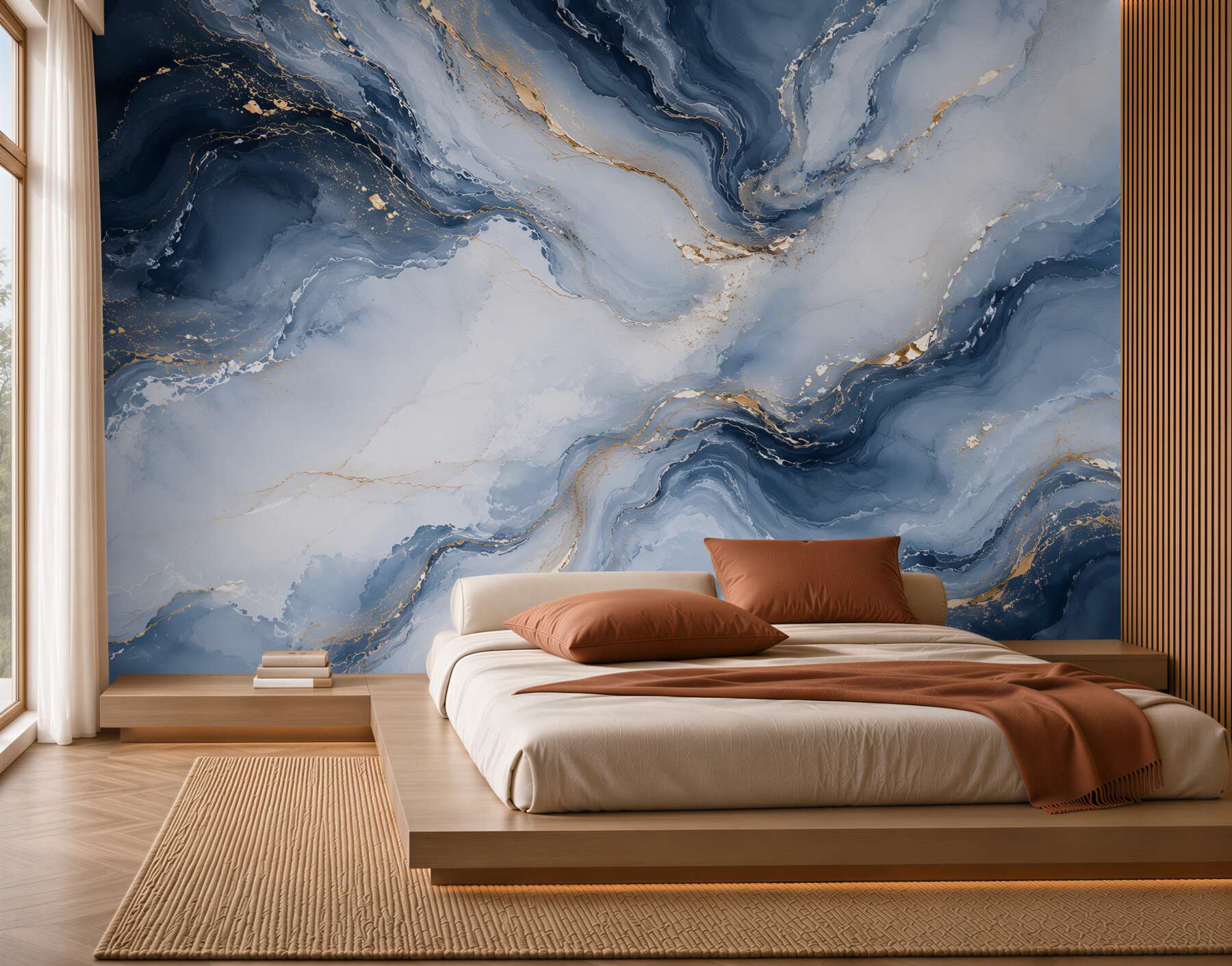 Fotobehang abstract marmer marineblauw met gouden accenten