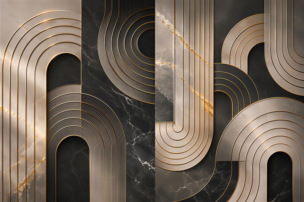 Fotobehang geometrische abstractie zwart en goud in art deco stijl
