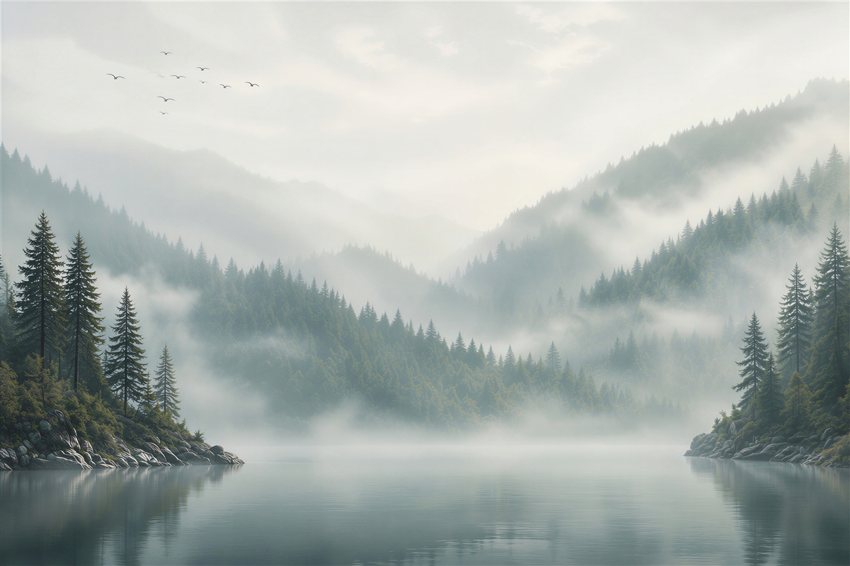Fotobehang berglandschap in de mist boven een rustig bosmeer