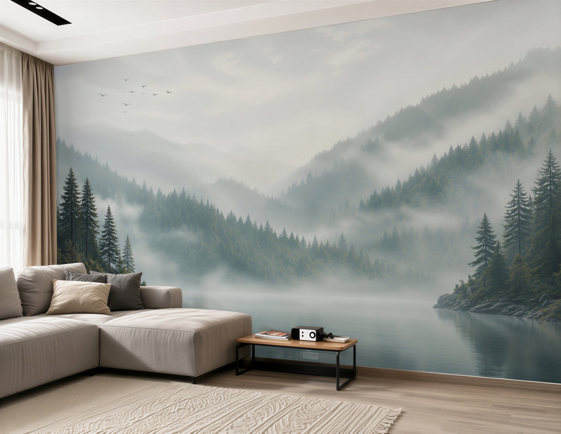 Fotobehang berglandschap in de mist boven een rustig bosmeer