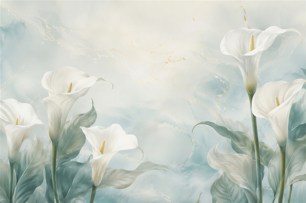 Fotobehang witte lelies op een blauwe achtergrond delicate bloemige elegantie