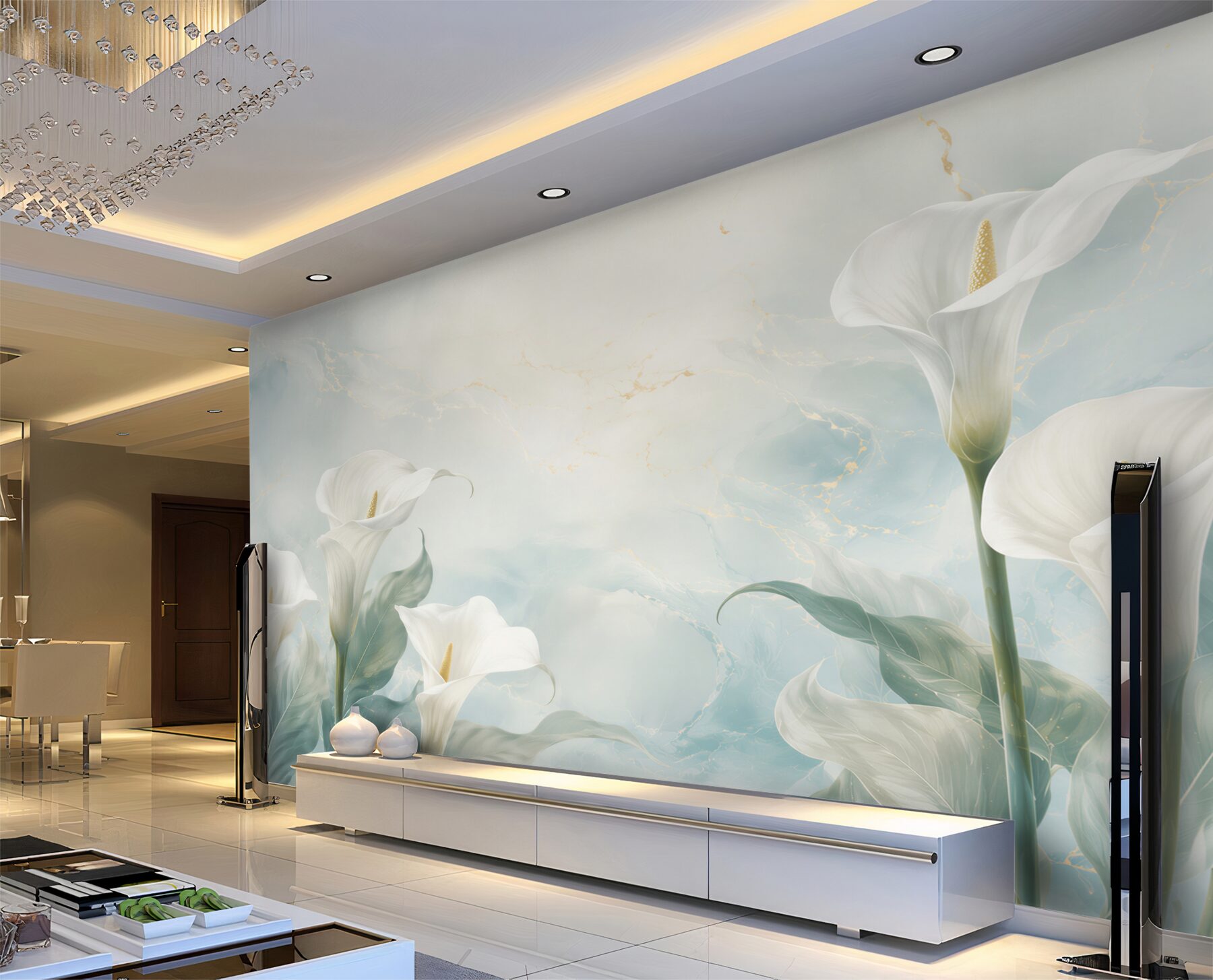 Fotobehang witte lelies op een blauwe achtergrond delicate bloemige elegantie