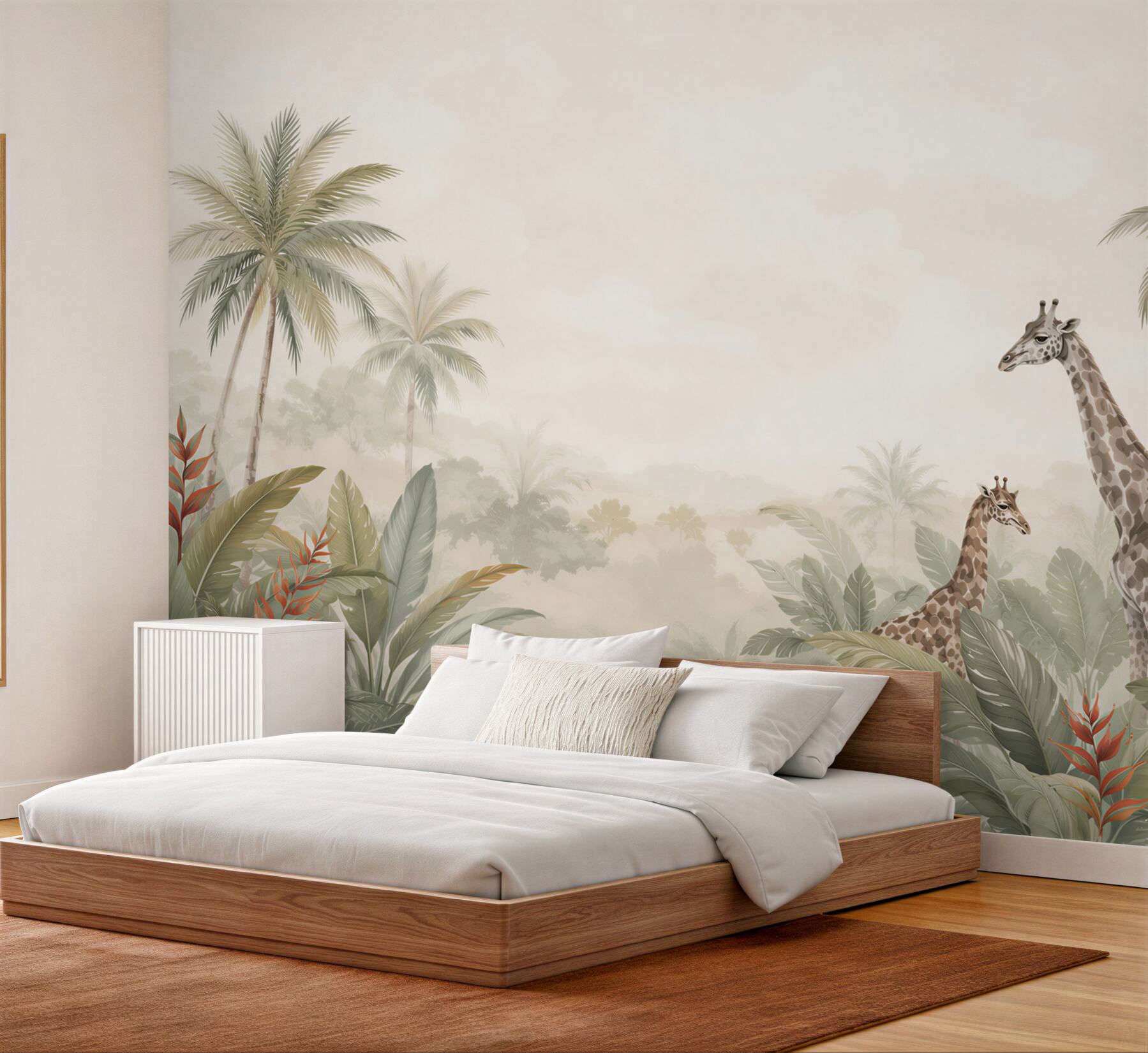 Fotobehang giraffen in de pastelkleurige tropische jungle