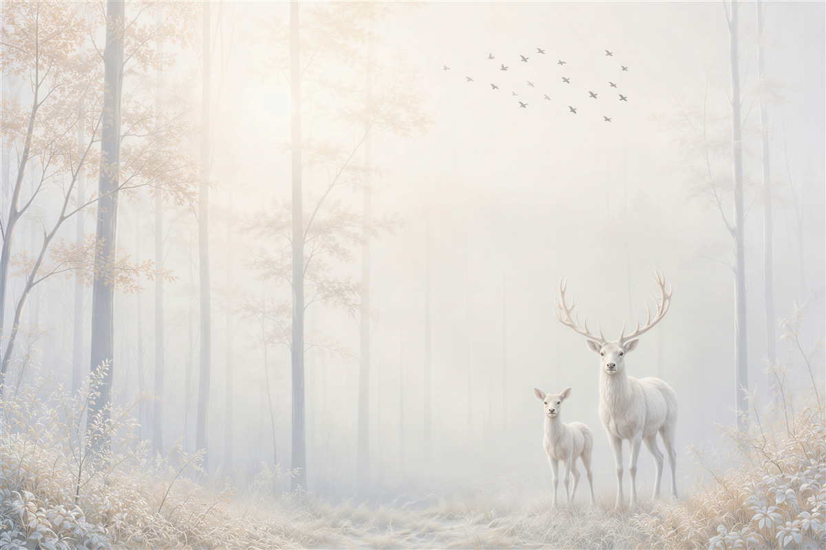 Fotobehang witte herten in een mistig bos beige-grijs voor een rustige woonkamer