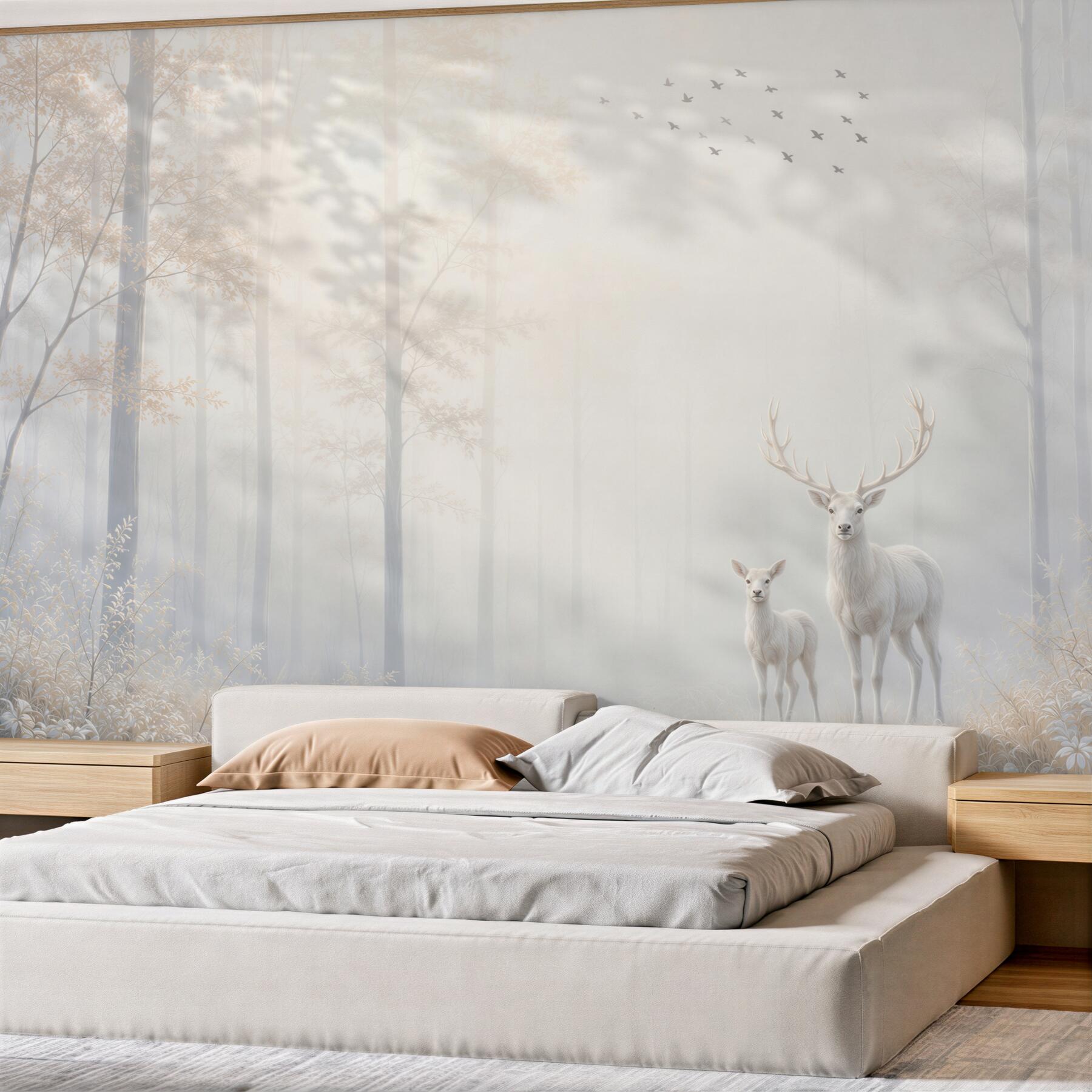 Fotobehang witte herten in een mistig bos beige-grijs voor een rustige woonkamer